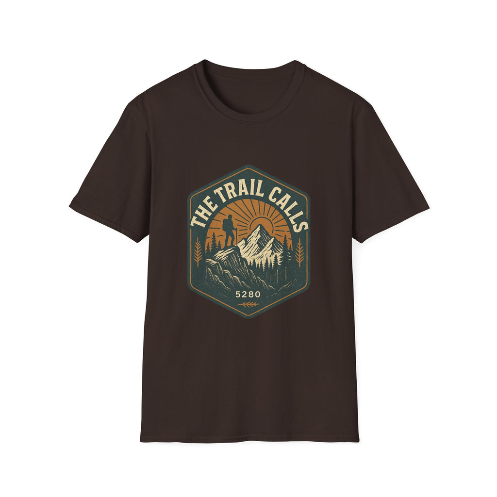 The Trail Calls hiking emblem T-Shirt | mountain, sunset, outdoors