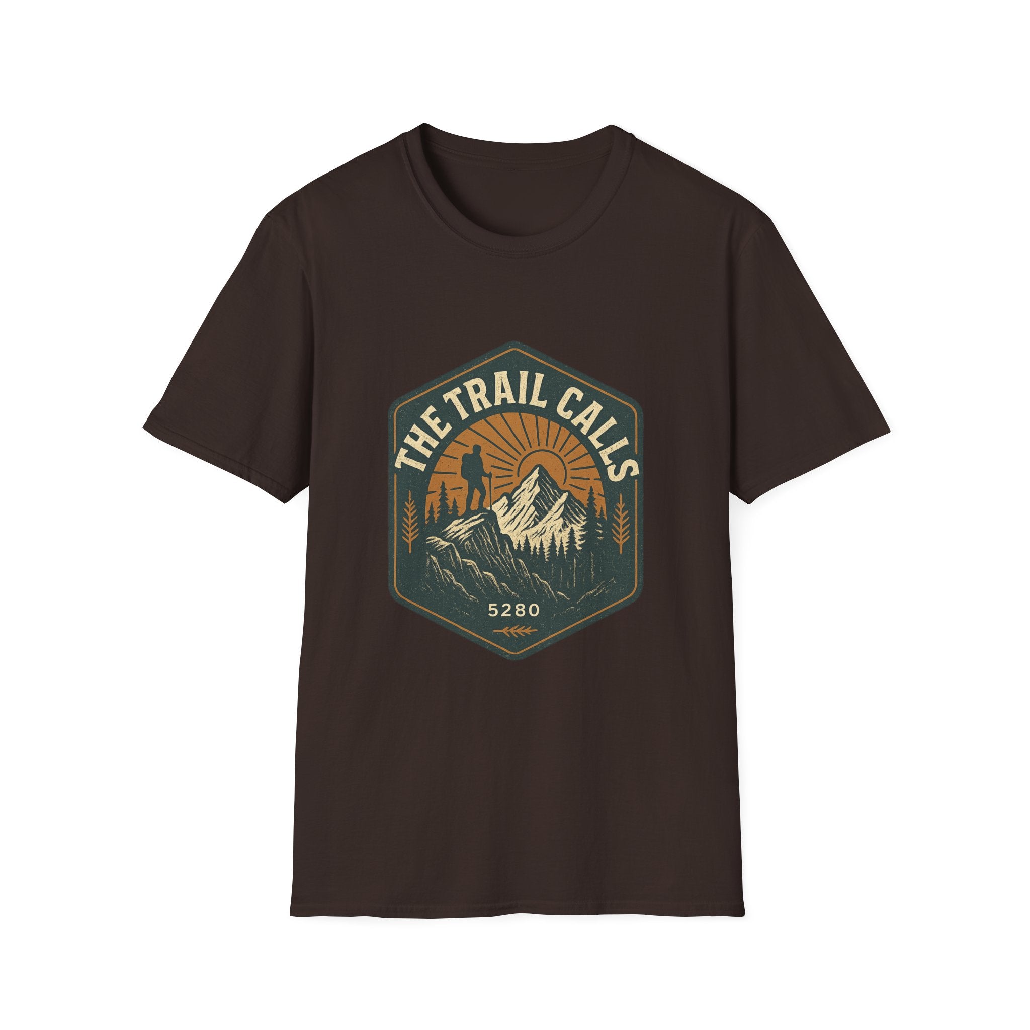 The Trail Calls hiking emblem T-Shirt | mountain, sunset, outdoors
