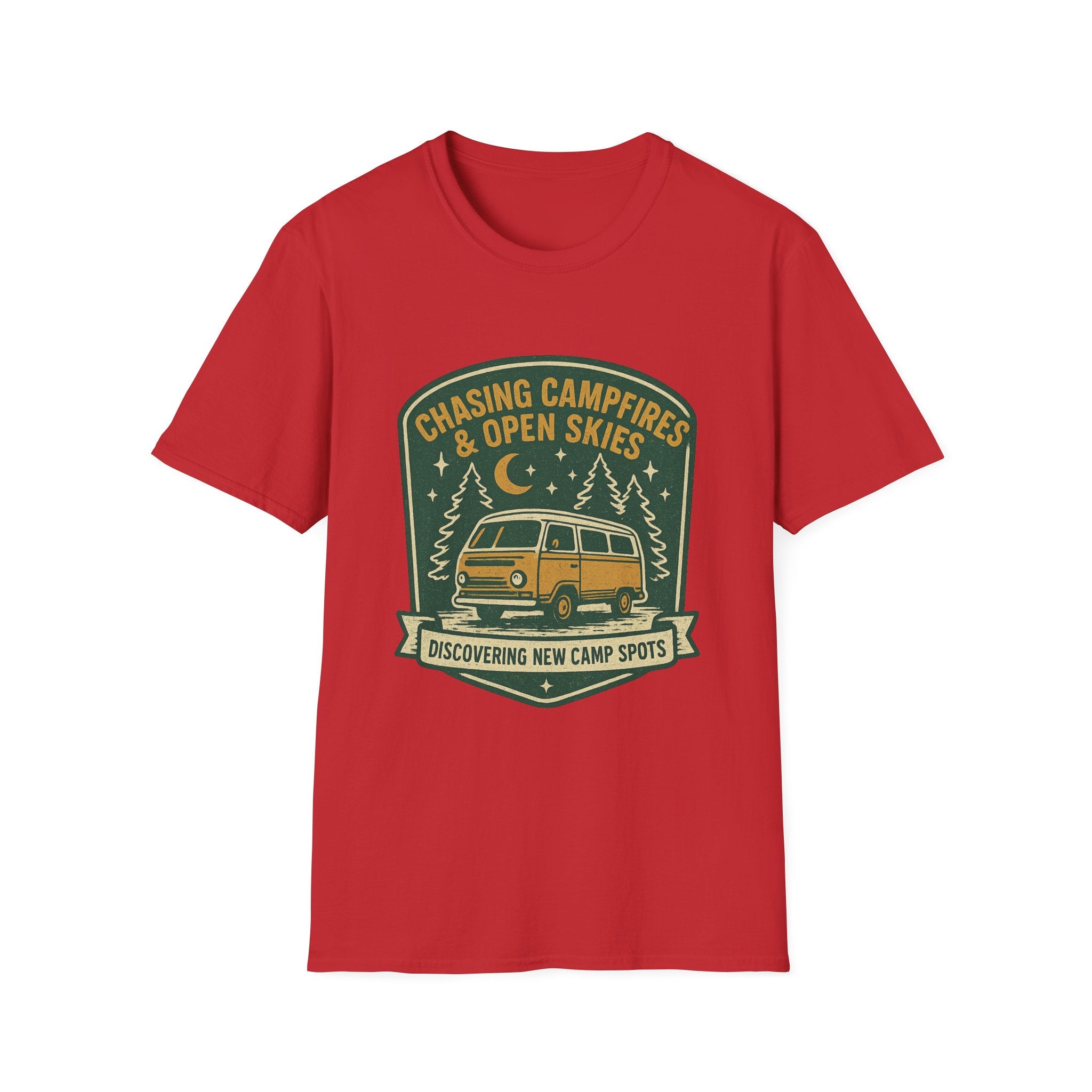 Chasing Campfires & Open Skies T-Shirt | Vintage Camper Van Camping Design