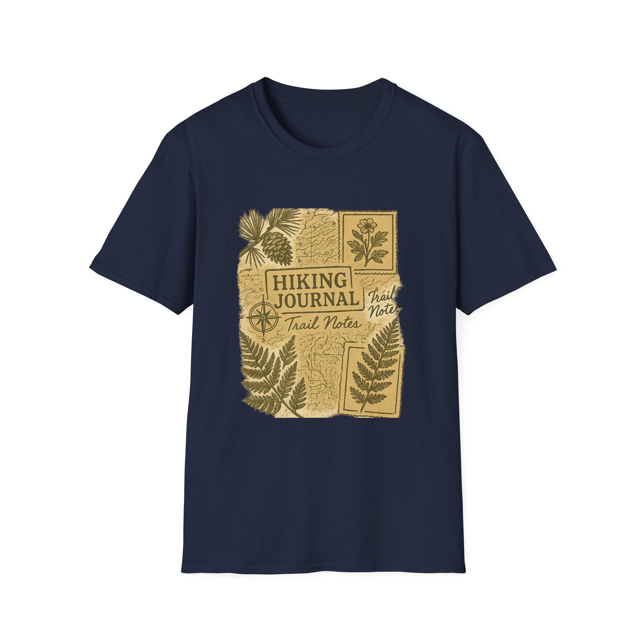 Hiking Journal Trail Notes T-Shirt | Botanical Ferns Compass Outdoor Theme