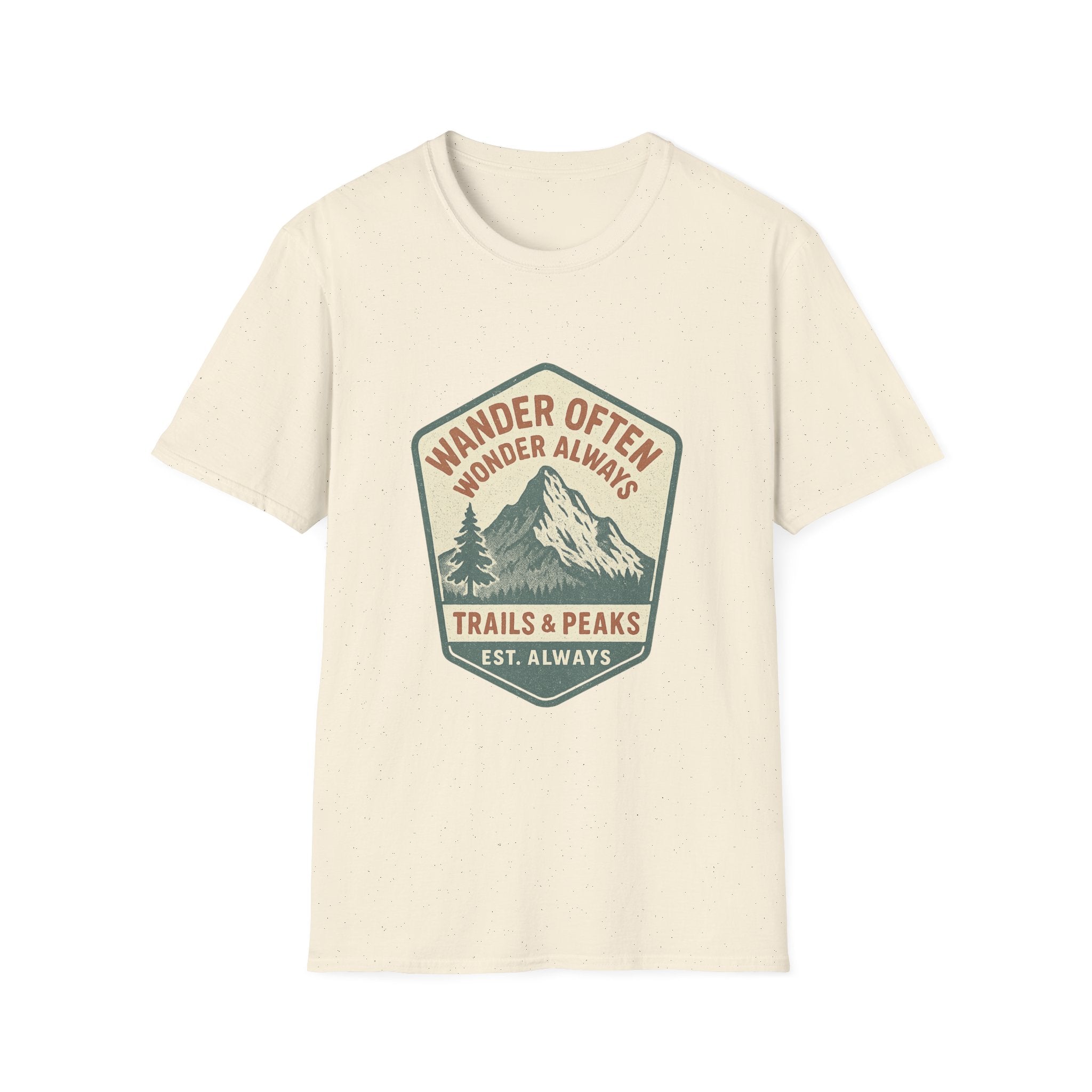 Wander Often Wonder Always Mountain Badge T-Shirt | Trails & Peaks Tee