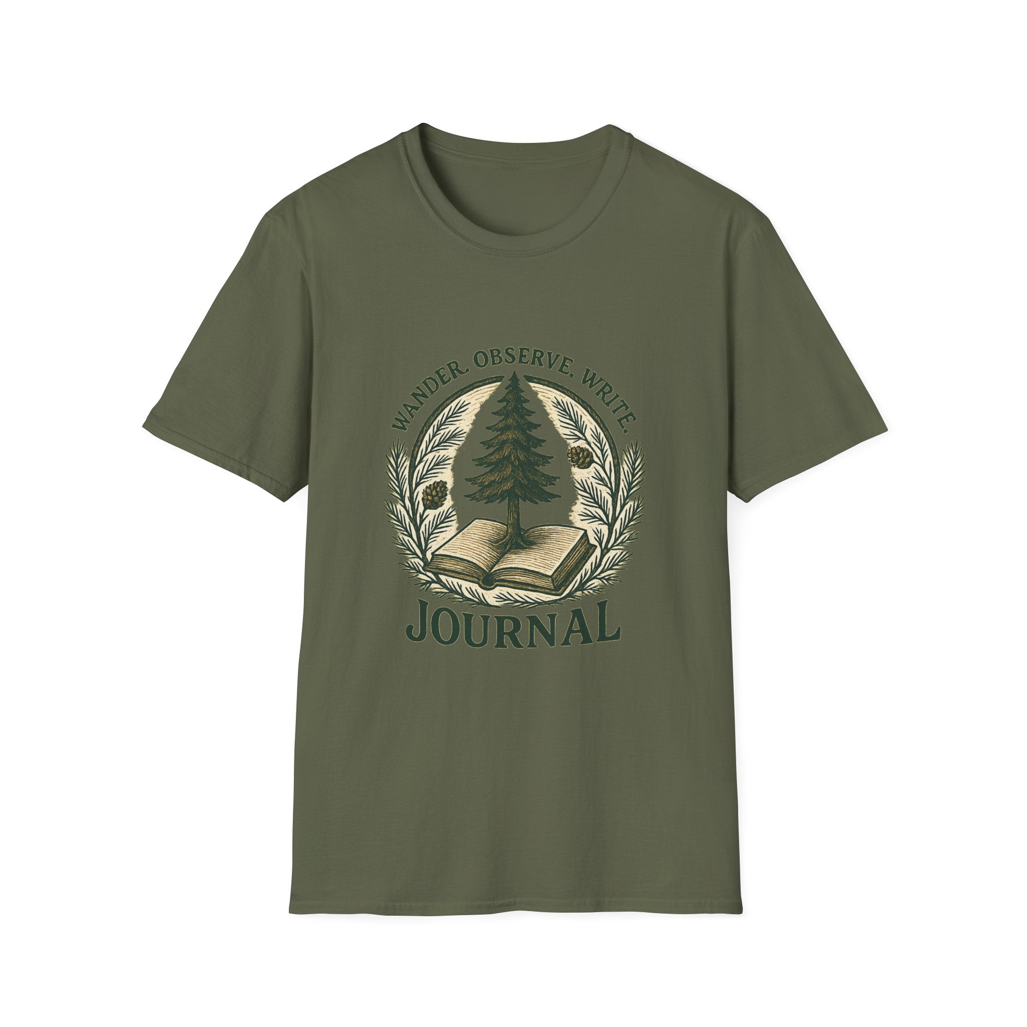 Wander Observe Write Journal T-Shirt | Nature Tree, Pinecone, Botanical Design