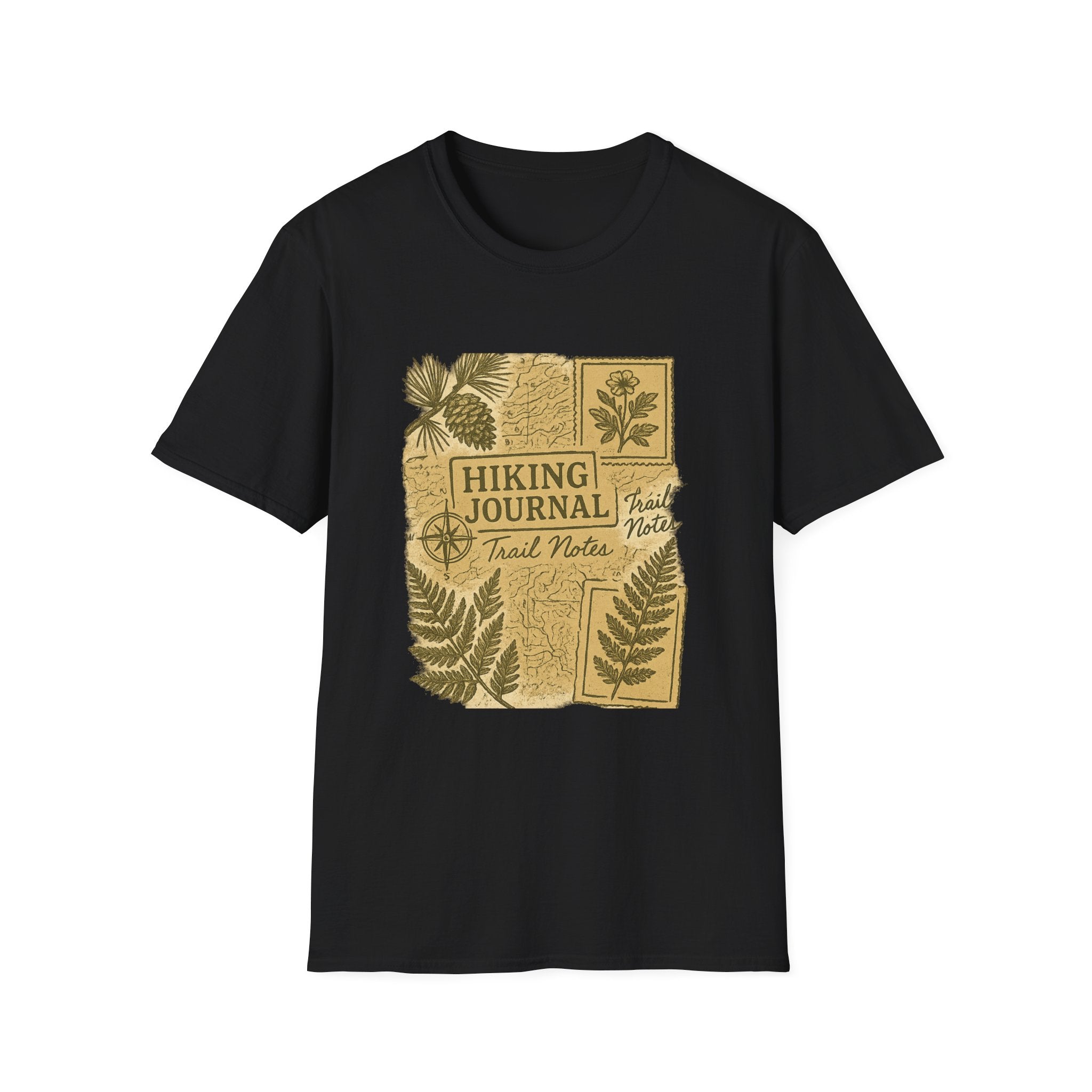 Hiking Journal Trail Notes T-Shirt | Botanical Ferns Compass Outdoor Theme