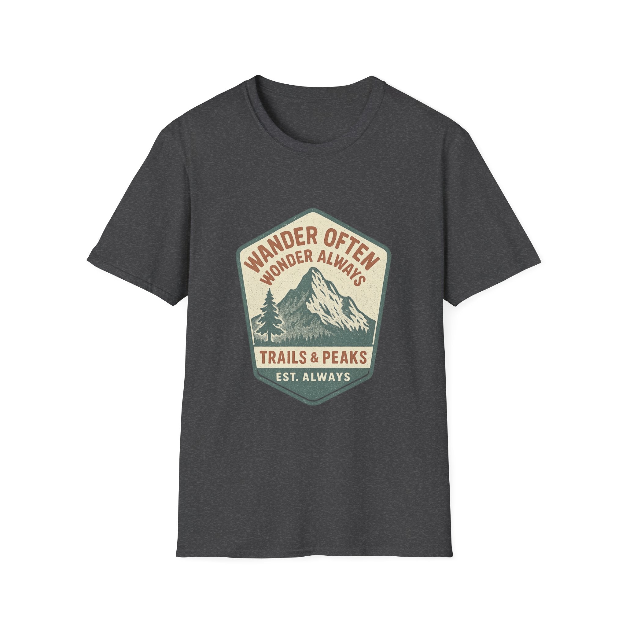 Wander Often Wonder Always Mountain Badge T-Shirt | Trails & Peaks Tee