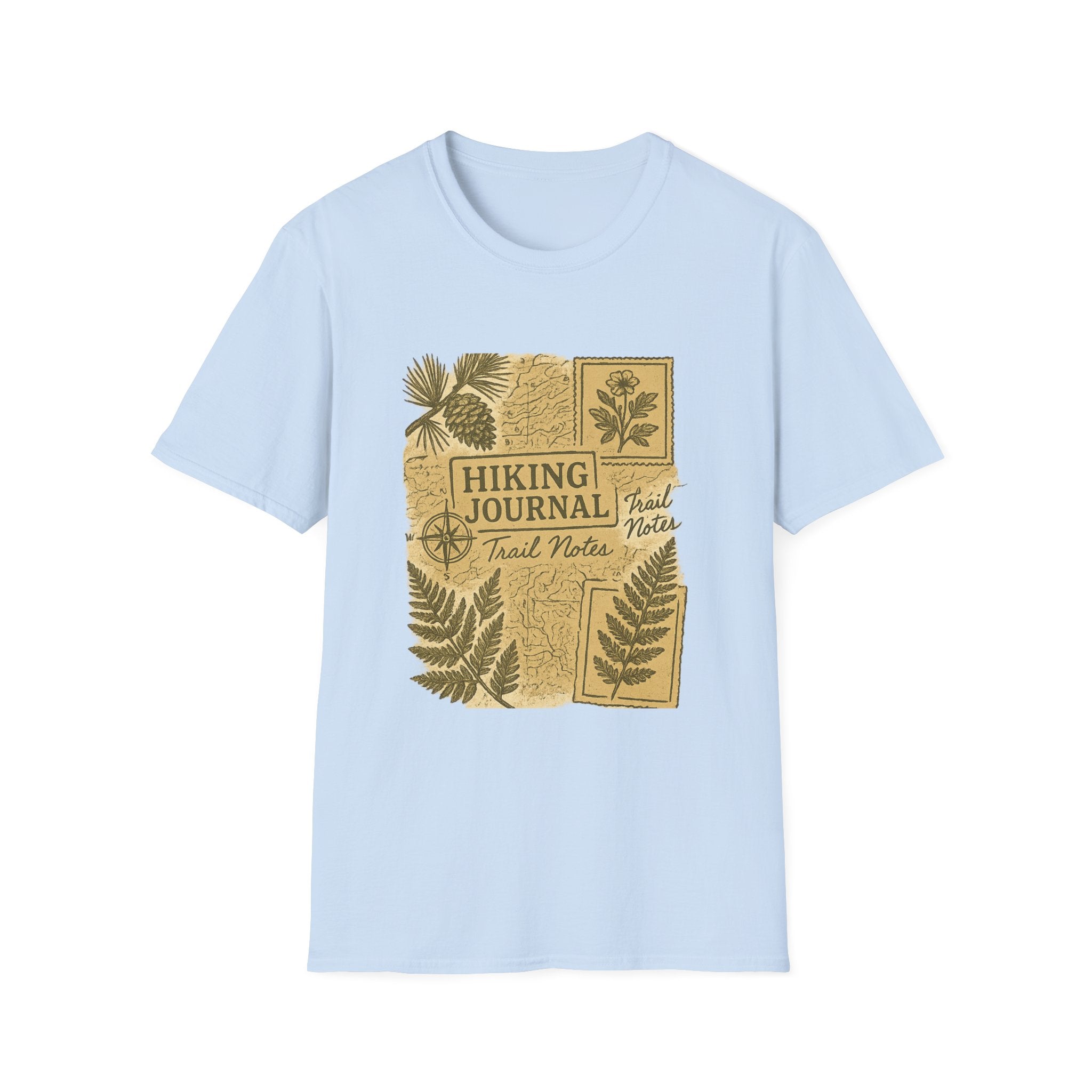 Hiking Journal Trail Notes T-Shirt | Botanical Ferns Compass Outdoor Theme