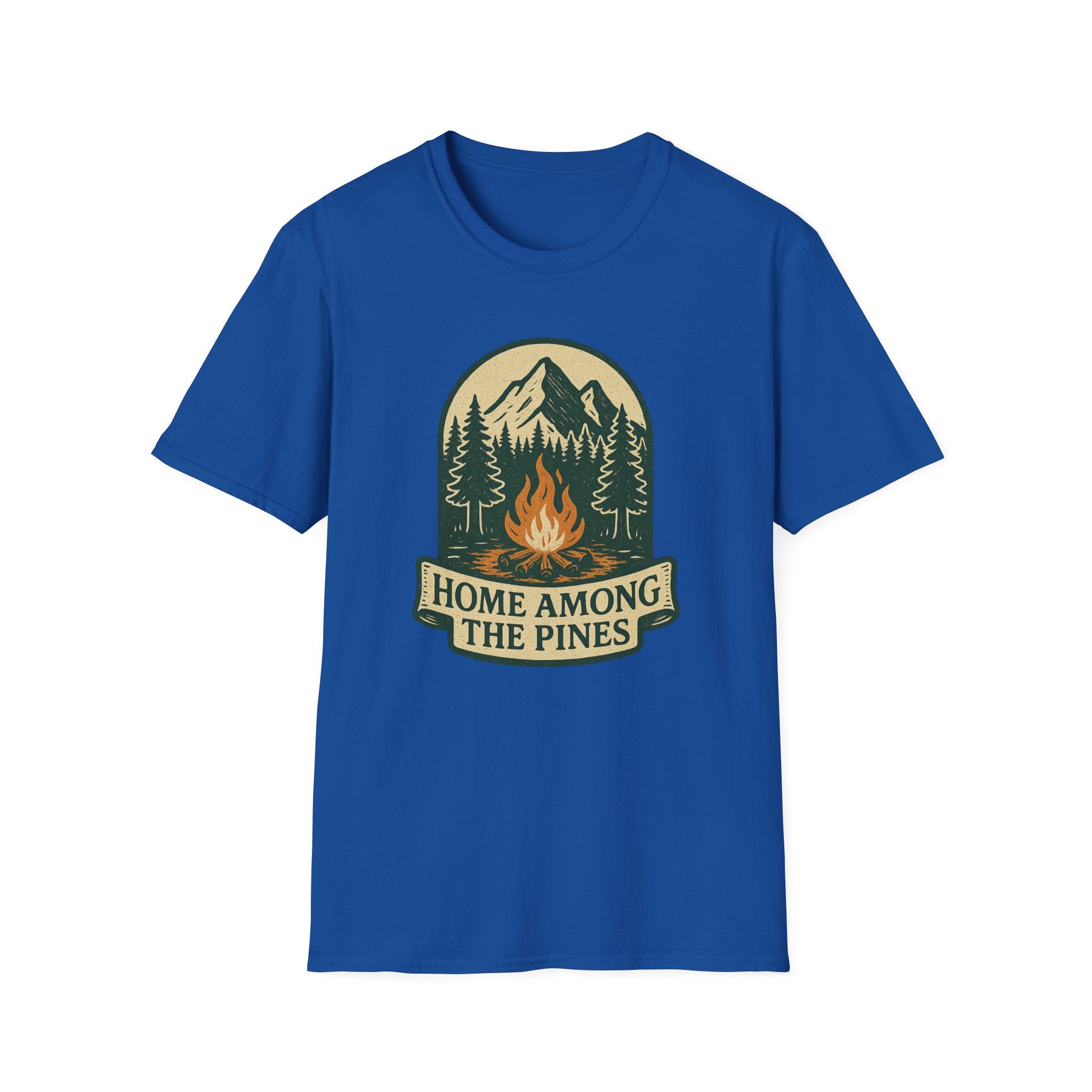 Home Among The Pines campfire graphic T-Shirt | mountain forest design