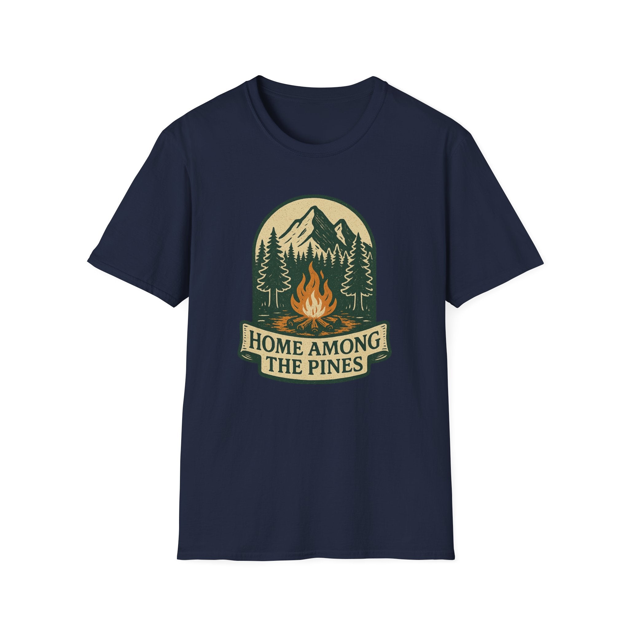 Home Among The Pines campfire graphic T-Shirt | mountain forest design