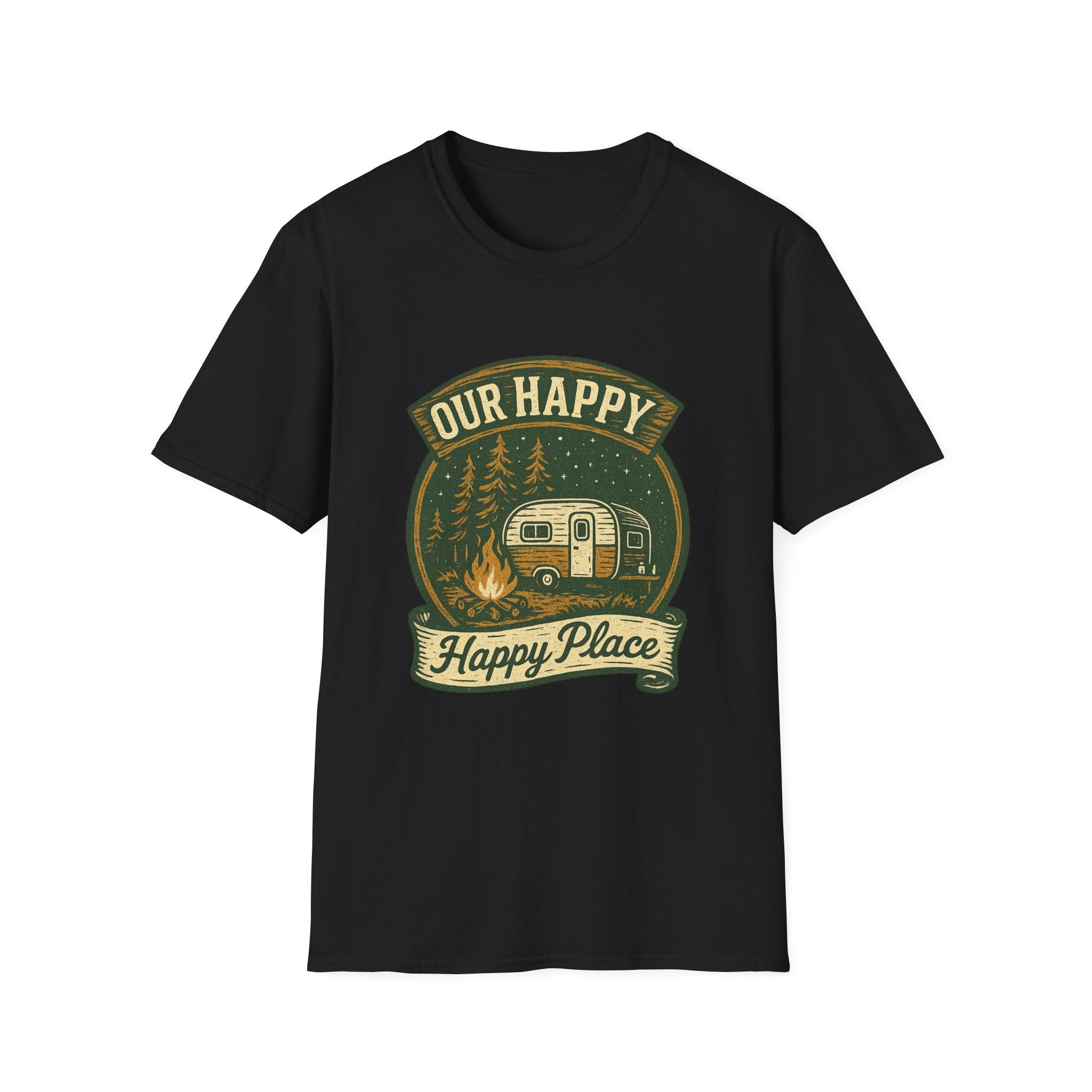Our Happy Happy Place camper graphic T-Shirt | vintage camping trailer design