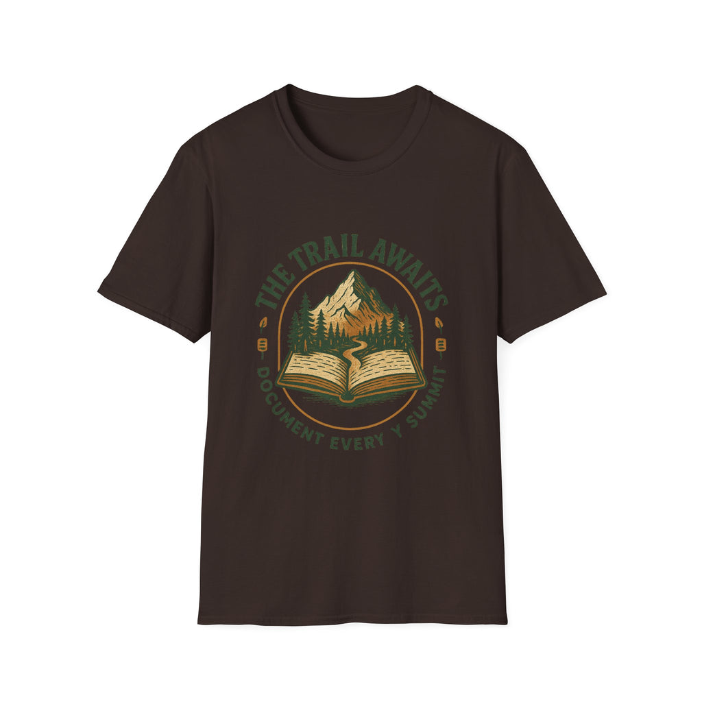 The Trail Awaits mountain and book illustration T-Shirt | hiking, adventure, nature