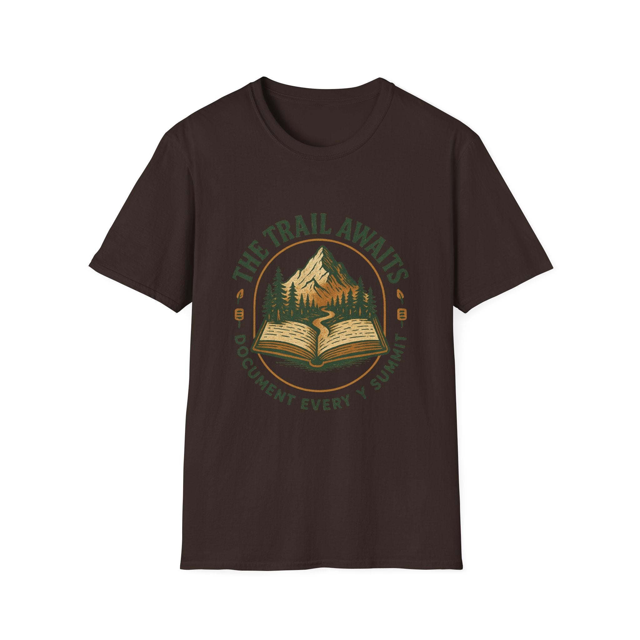 The Trail Awaits mountain and book illustration T-Shirt | hiking, adventure, nature