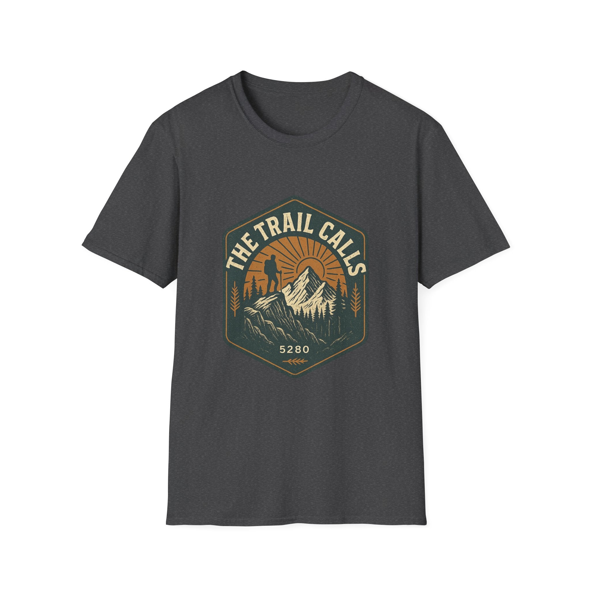 The Trail Calls hiking emblem T-Shirt | mountain, sunset, outdoors