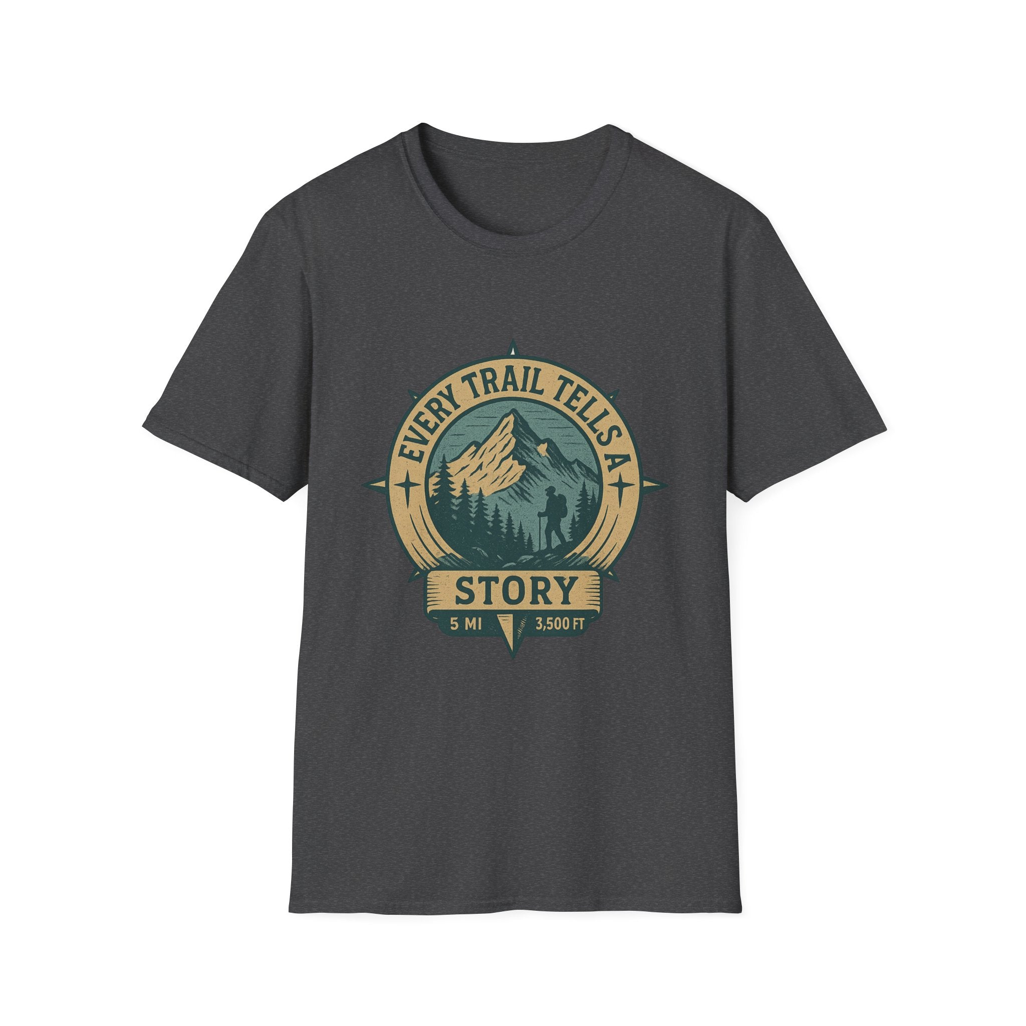 Every Trail Tells a Story T-Shirt | Mountain Hiking Badge Tee