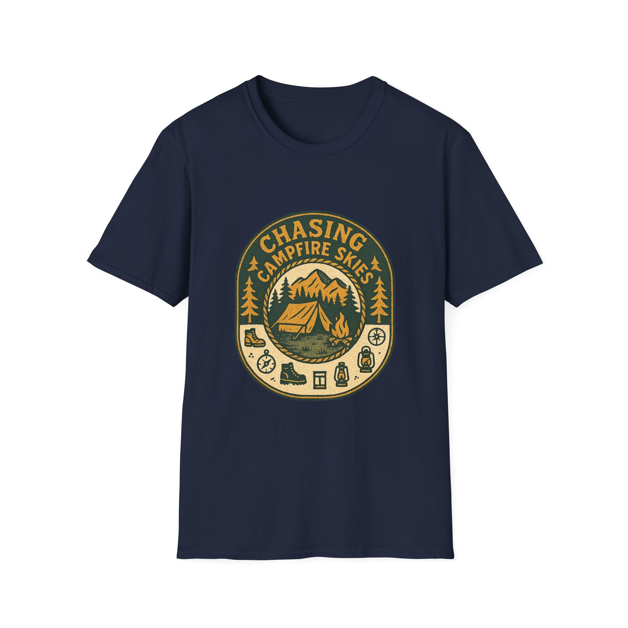 Chasing Campfire Skies T-Shirt | Mountain Camping Badge