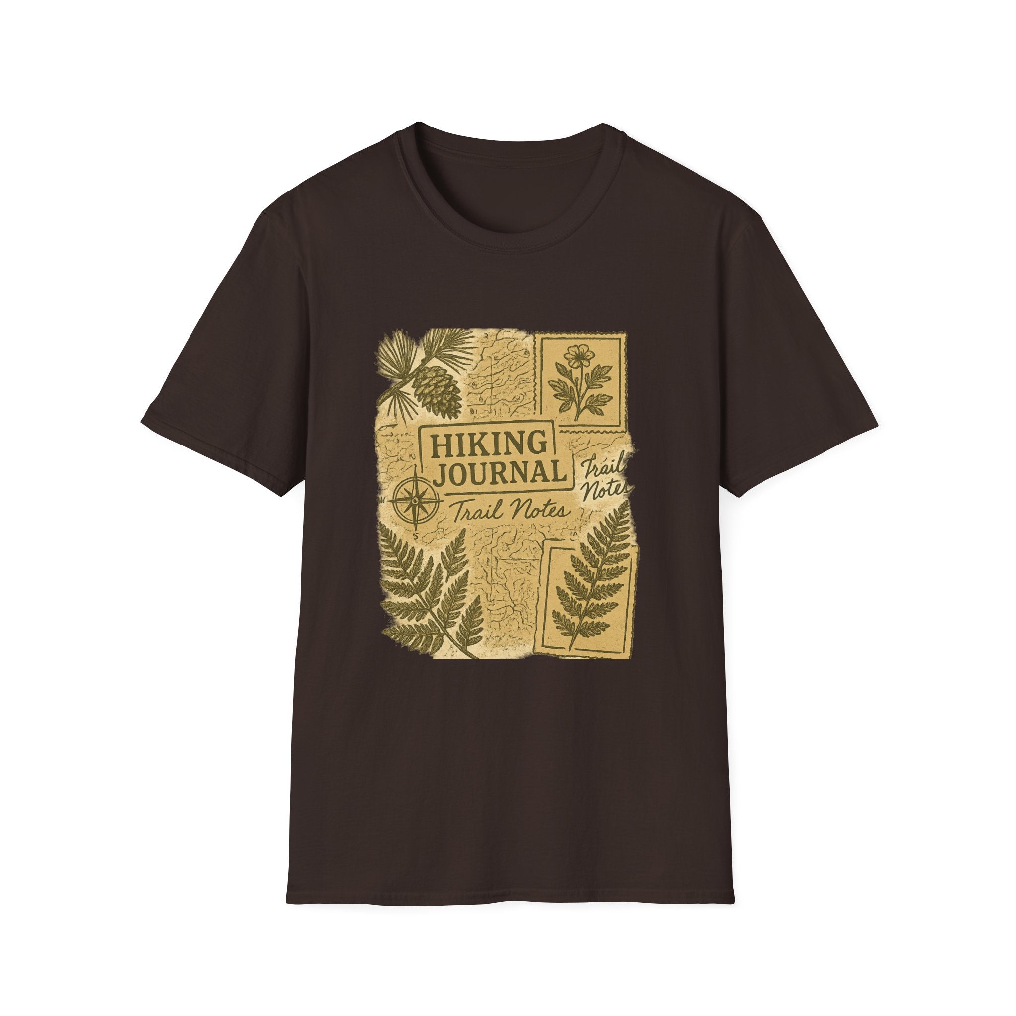 Hiking Journal Trail Notes T-Shirt | Botanical Ferns Compass Outdoor Theme