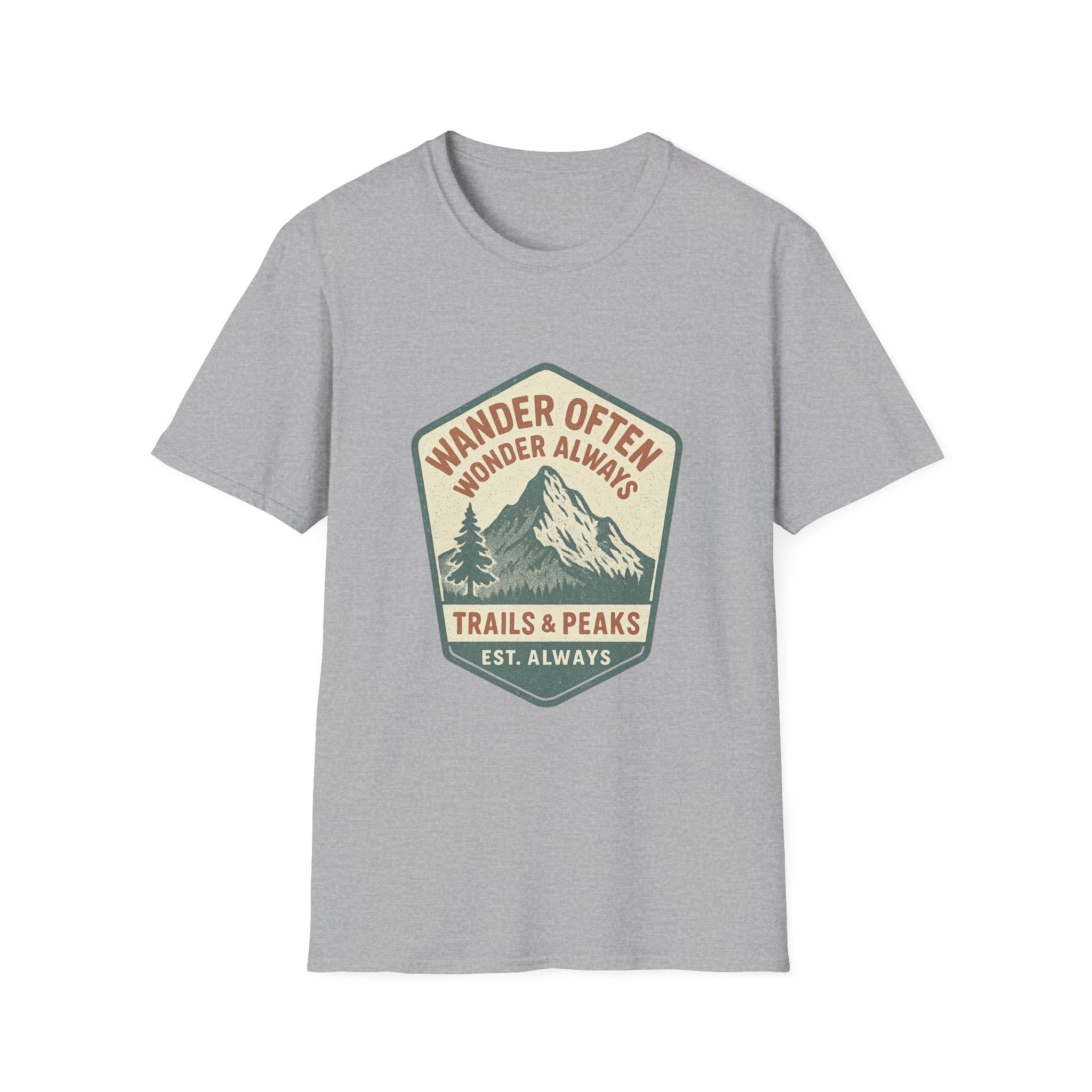 Wander Often Wonder Always Mountain Badge T-Shirt | Trails & Peaks Tee