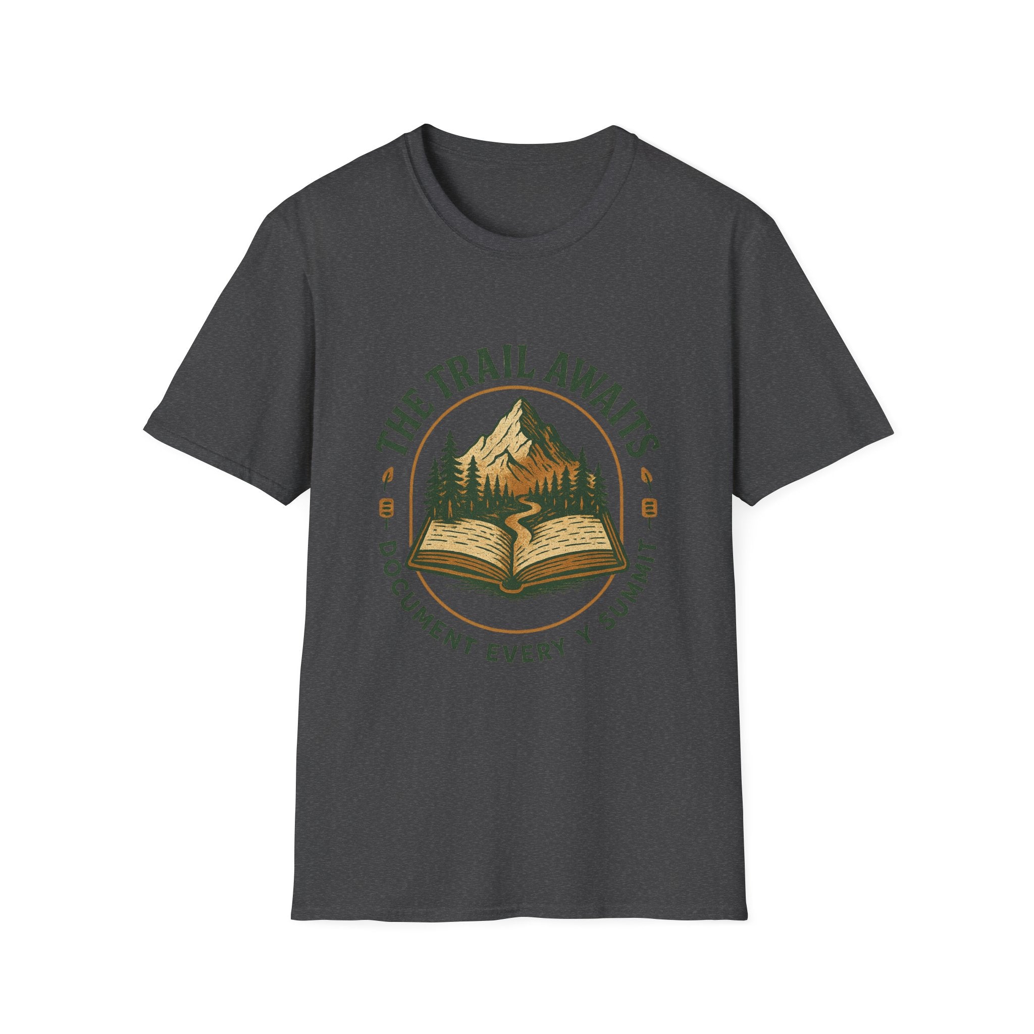 The Trail Awaits mountain and book illustration T-Shirt | hiking, adventure, nature