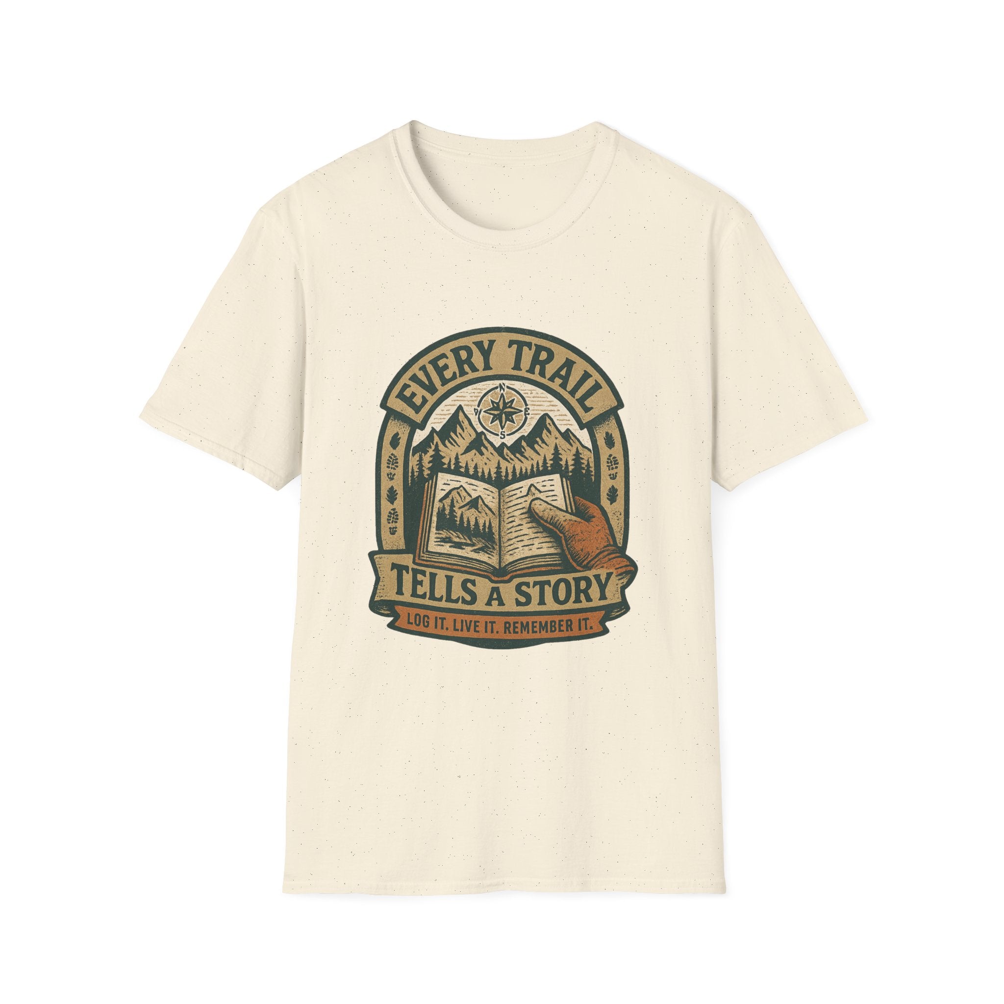 Every Trail Tells a Story T-Shirt | Hiking Mountains Compass Patch