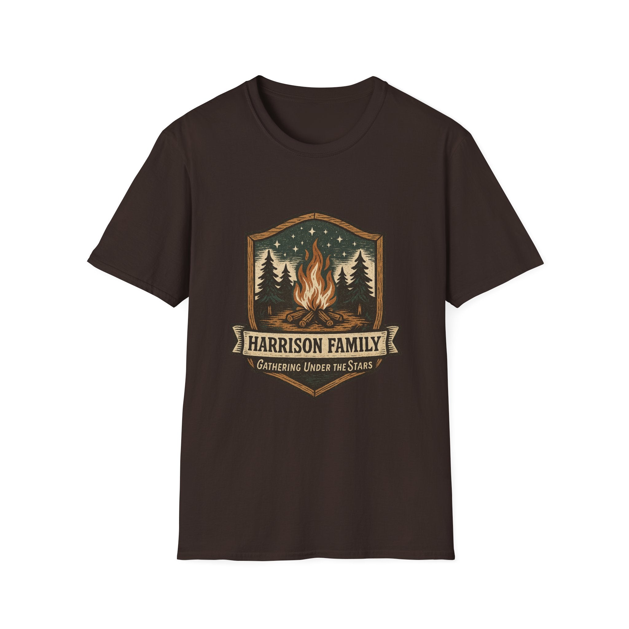 Personalized Campfire Badge T-Shirt | Custom Family Name Outdoor Tee