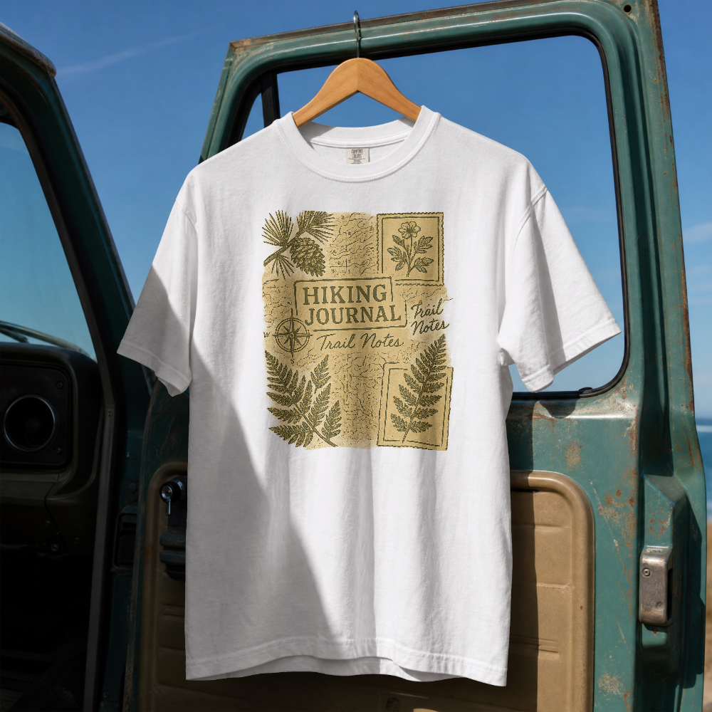 Hiking Journal Trail Notes T-Shirt | Botanical Ferns Compass Outdoor Theme