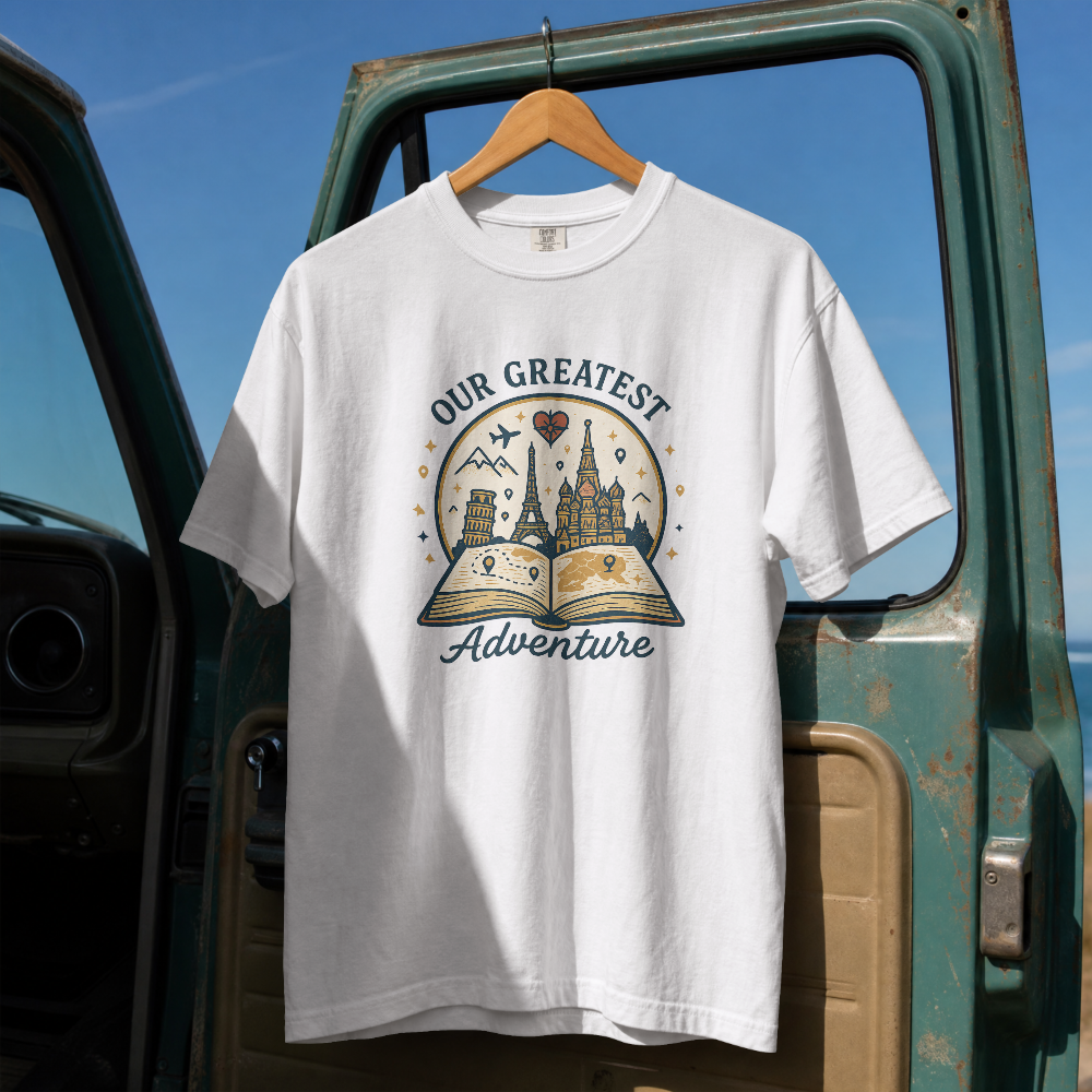 Our Greatest Adventure T-Shirt | Travel Book Castle Hot Air Balloon