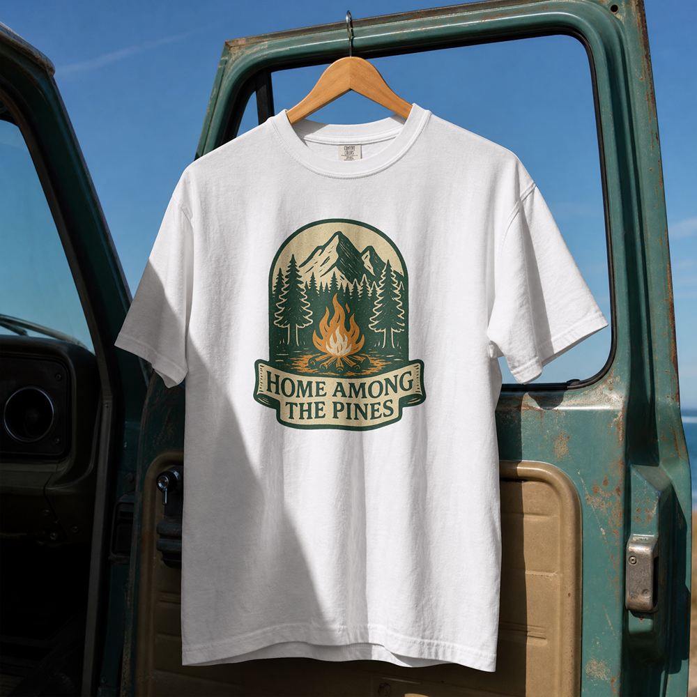 Home Among The Pines campfire graphic T-Shirt | mountain forest design