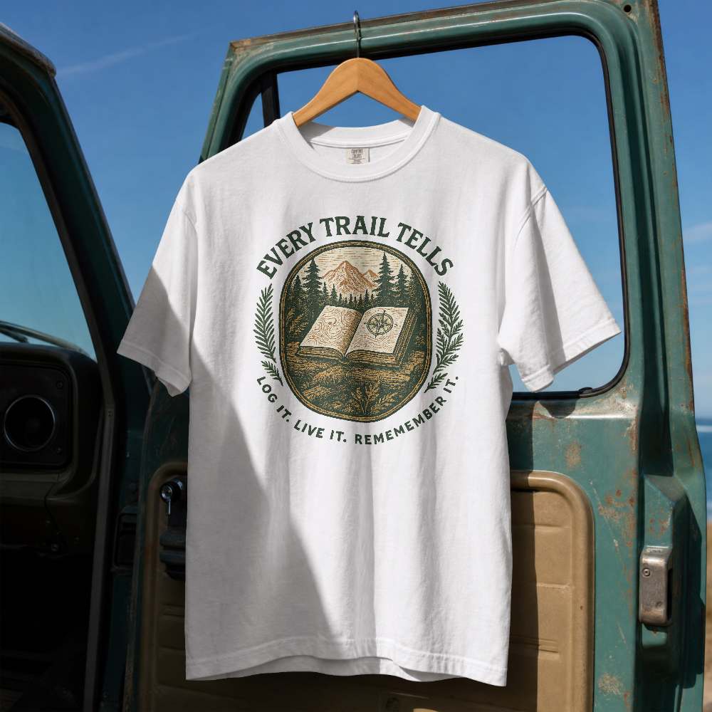 Every Trail Tells T-Shirt | Mountain Map Compass Hiking Shirt