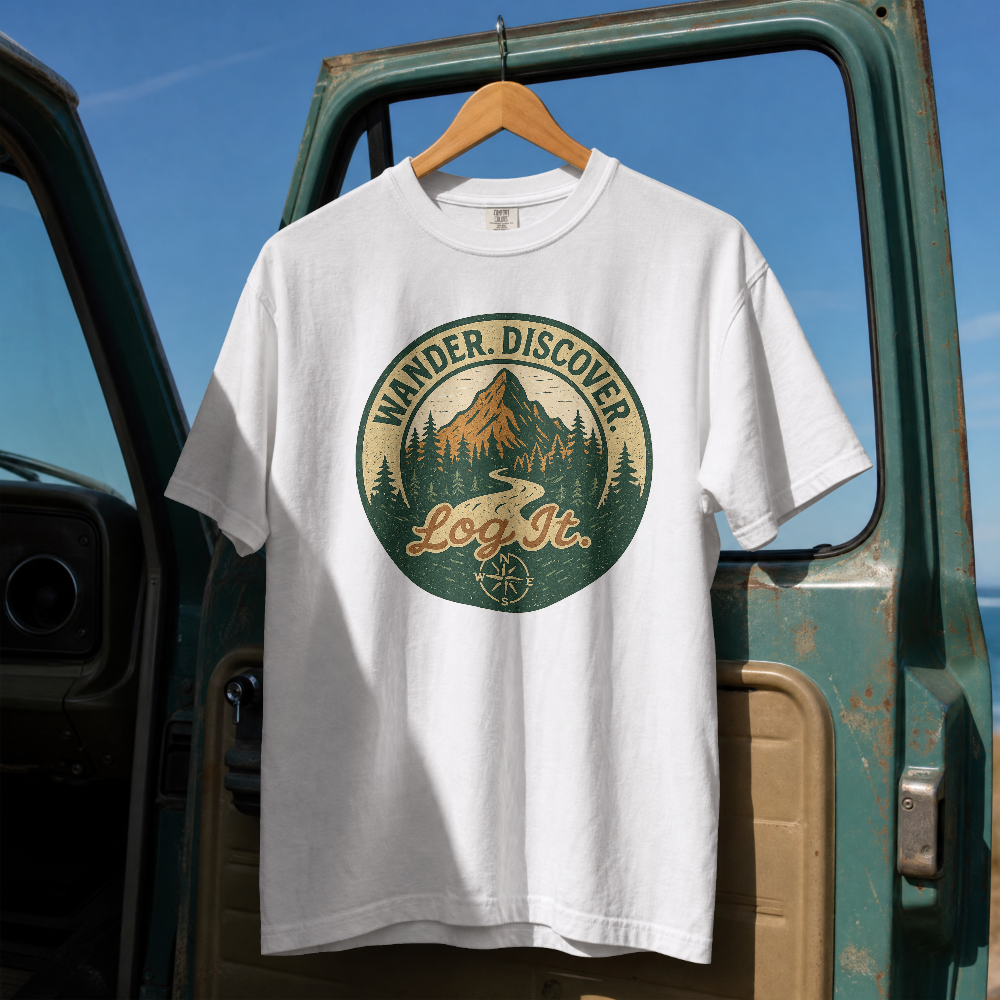 Wander Discover Mountain Patch T-Shirt | Outdoor Hiking Graphic Tee