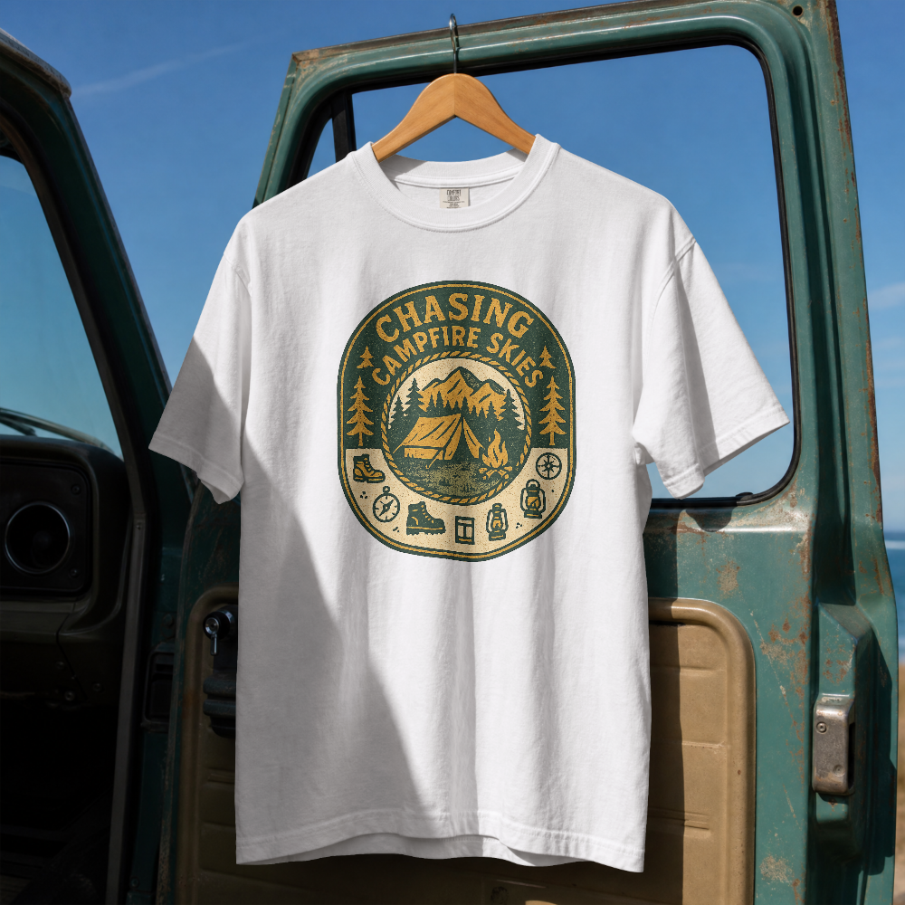 Chasing Campfire Skies T-Shirt | Mountain Camping Badge