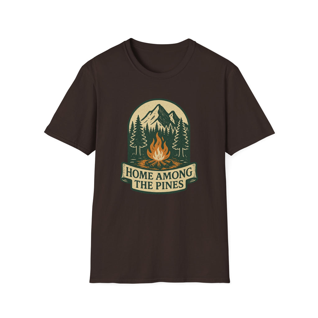 Home Among The Pines campfire graphic T-Shirt | mountain forest design