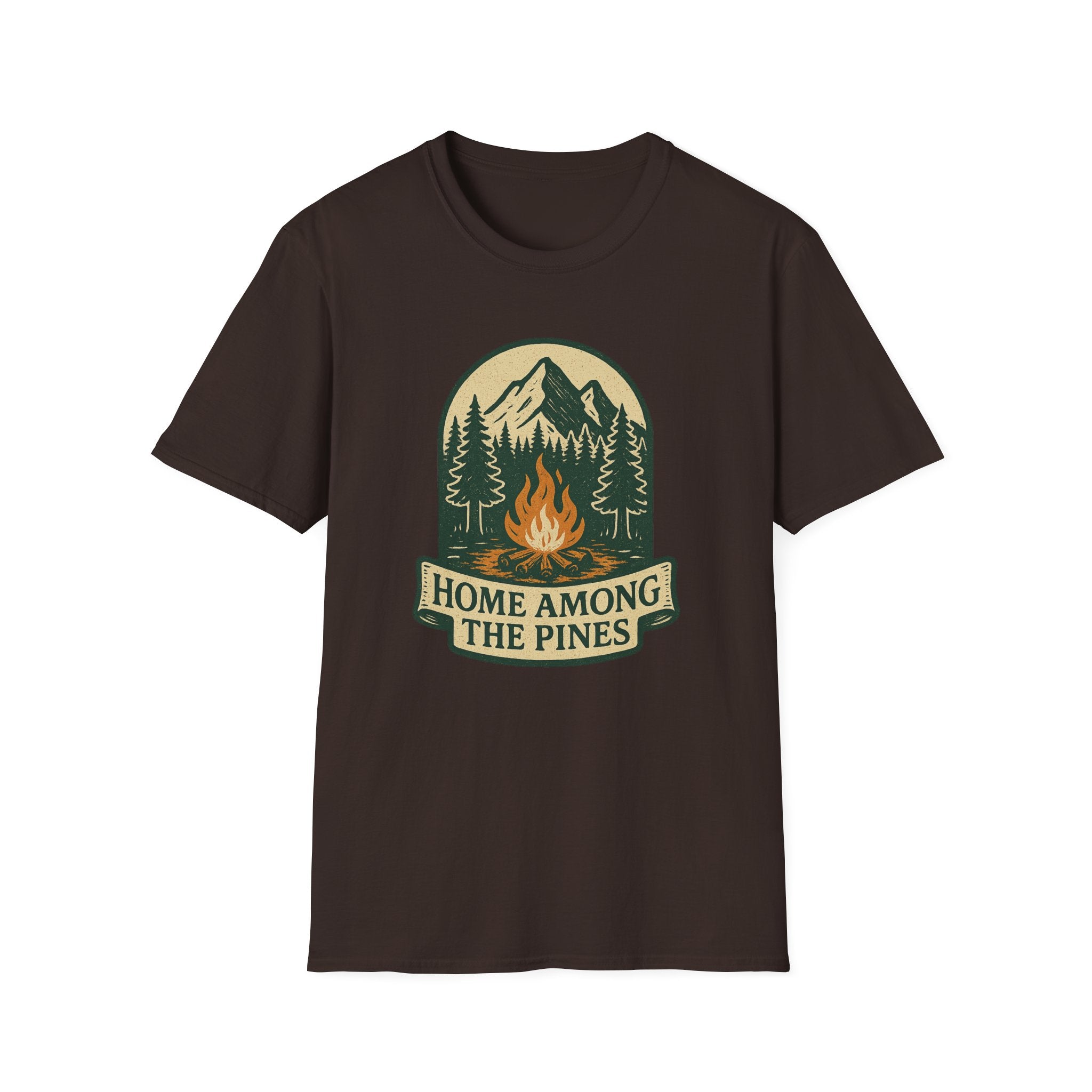 Home Among The Pines campfire graphic T-Shirt | mountain forest design