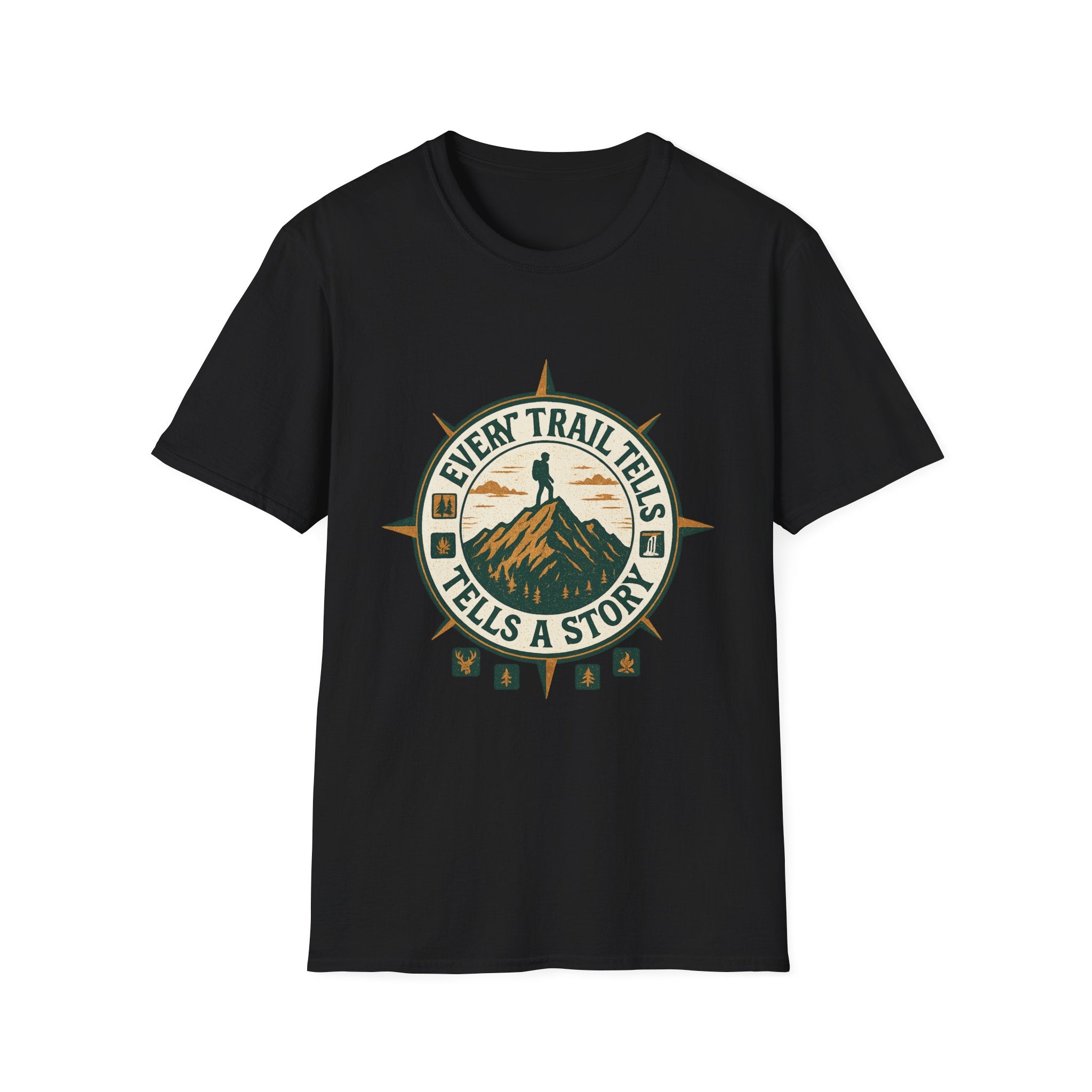 Every Trail Tells a Story T-Shirt | Hiking Compass Mountain Design