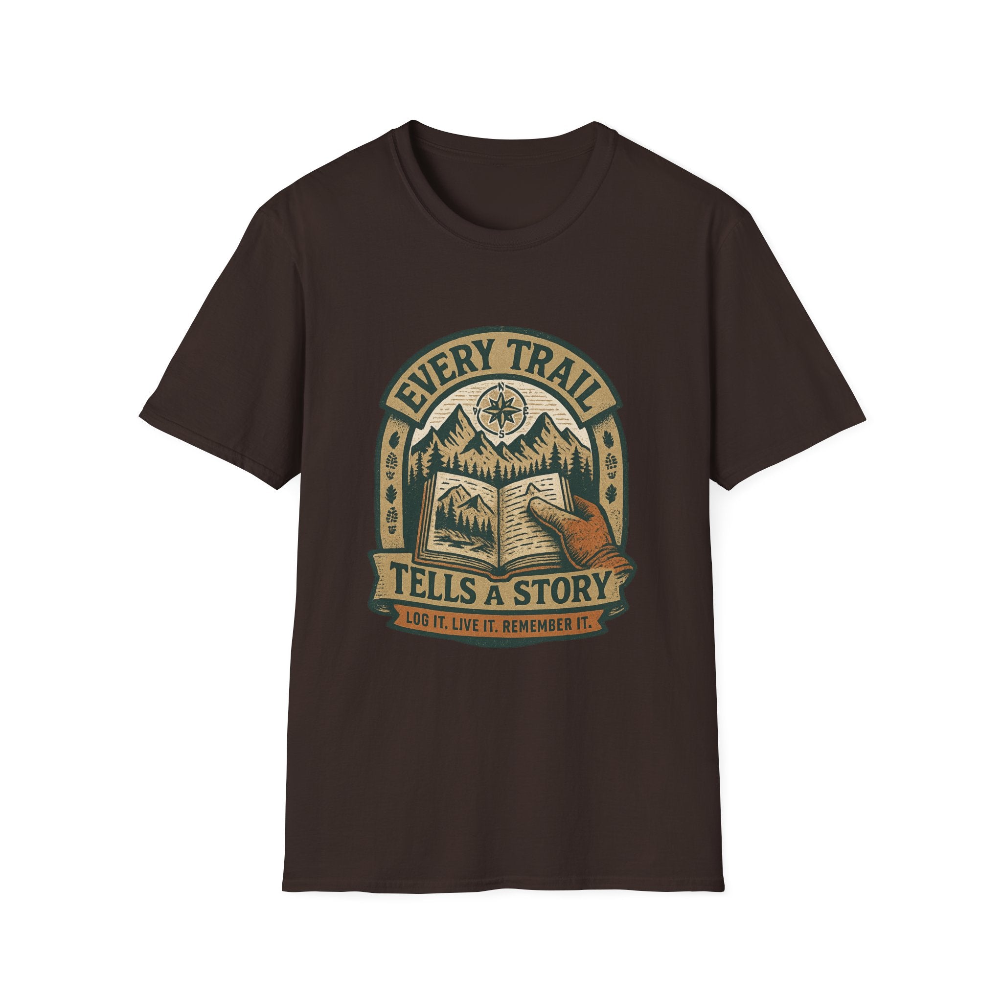 Every Trail Tells a Story T-Shirt | Hiking Mountains Compass Patch