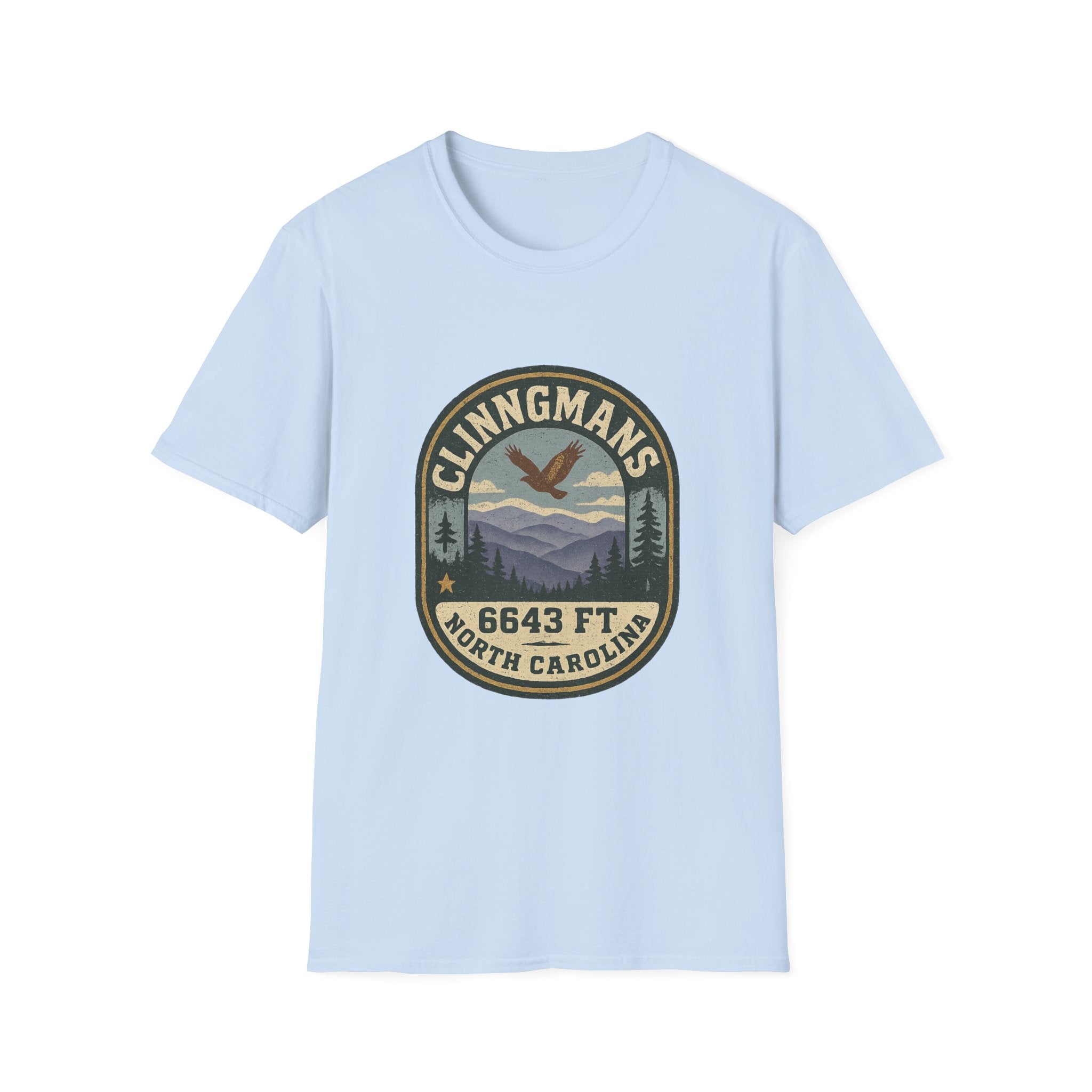 Clinngmans North Carolina 6643 Ft Mountain Badge T-Shirt | Hiking Patch Design