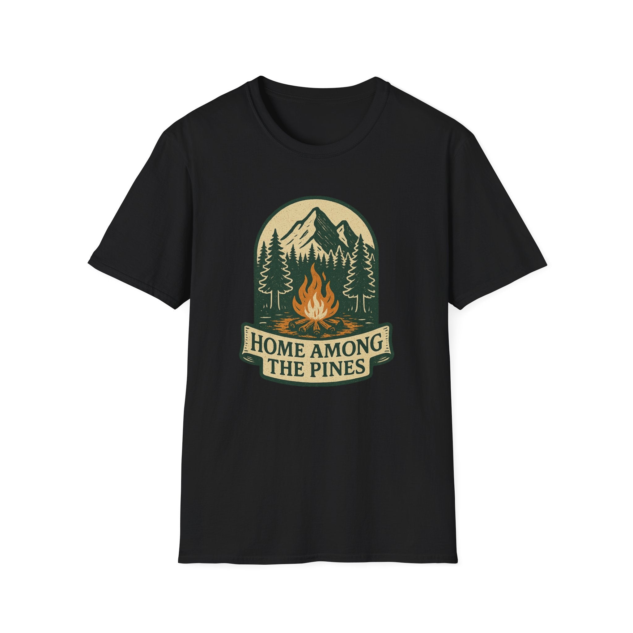 Home Among The Pines campfire graphic T-Shirt | mountain forest design