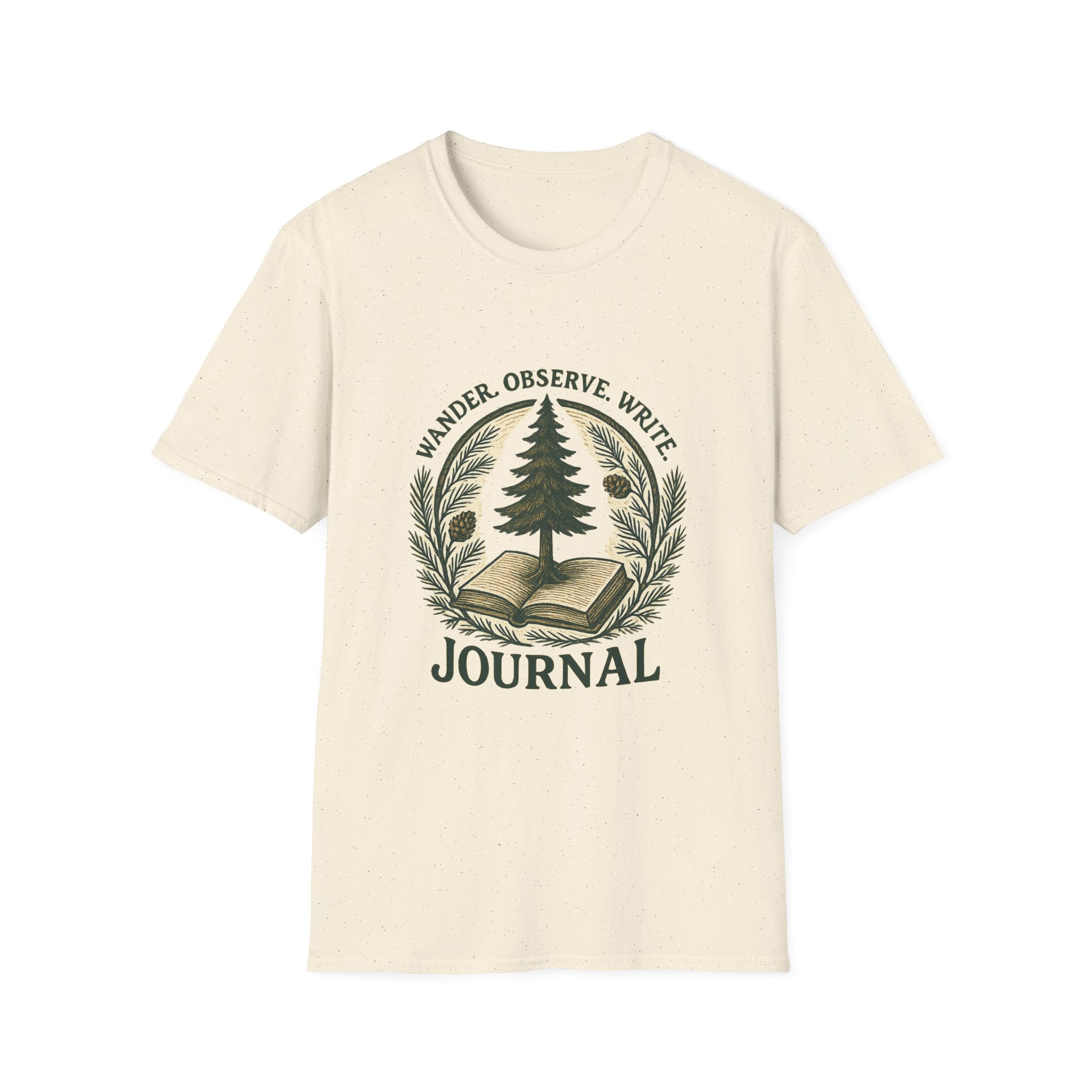Wander Observe Write Journal T-Shirt | Nature Tree, Pinecone, Botanical Design