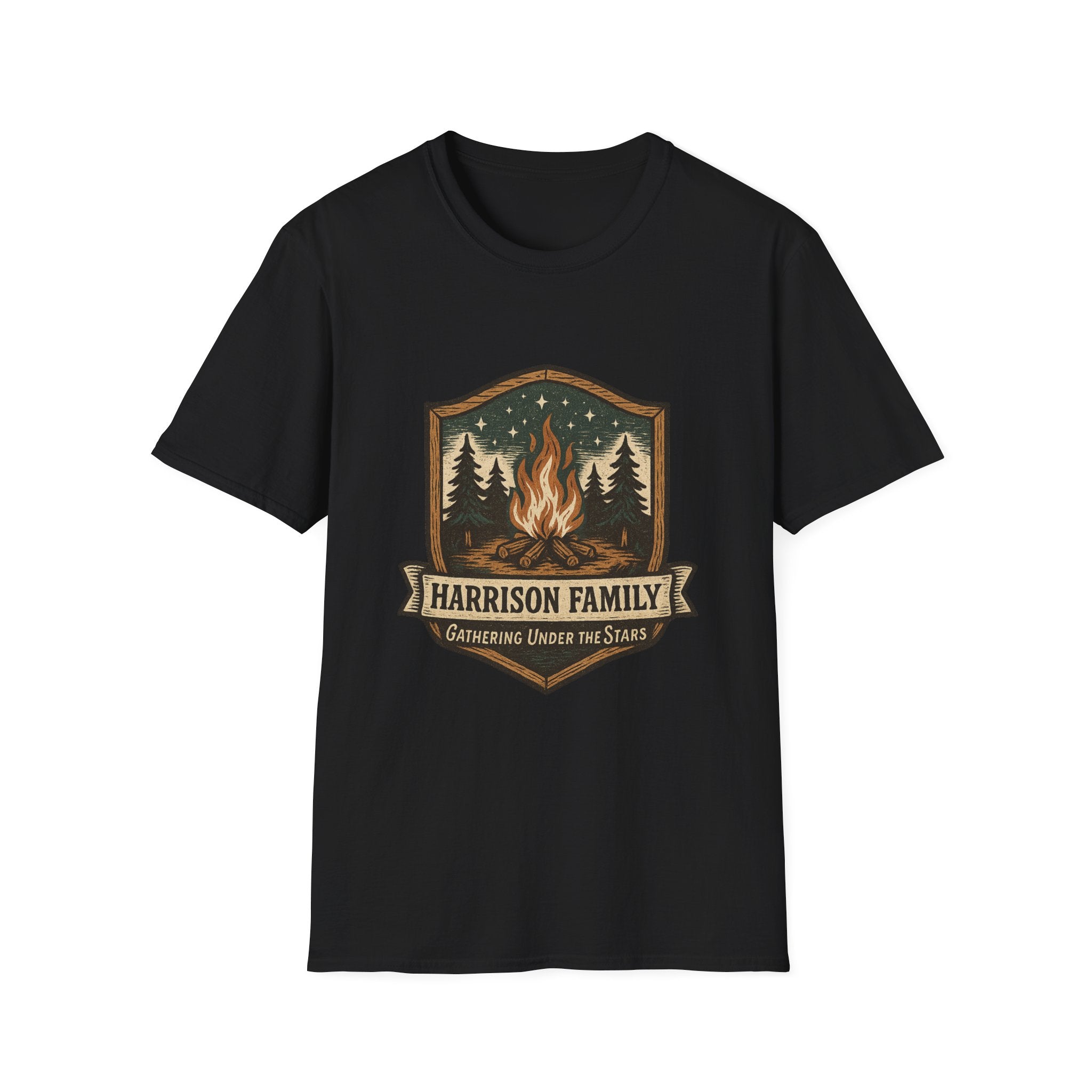 Personalized Campfire Badge T-Shirt | Custom Family Name Outdoor Tee