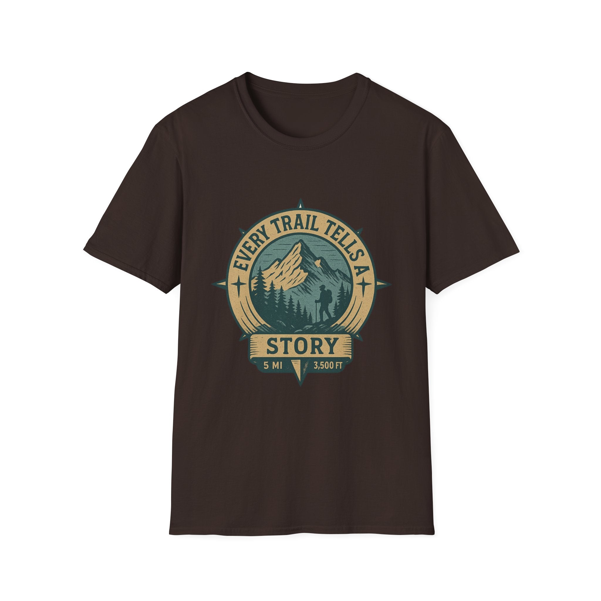 Every Trail Tells a Story T-Shirt | Mountain Hiking Badge Tee