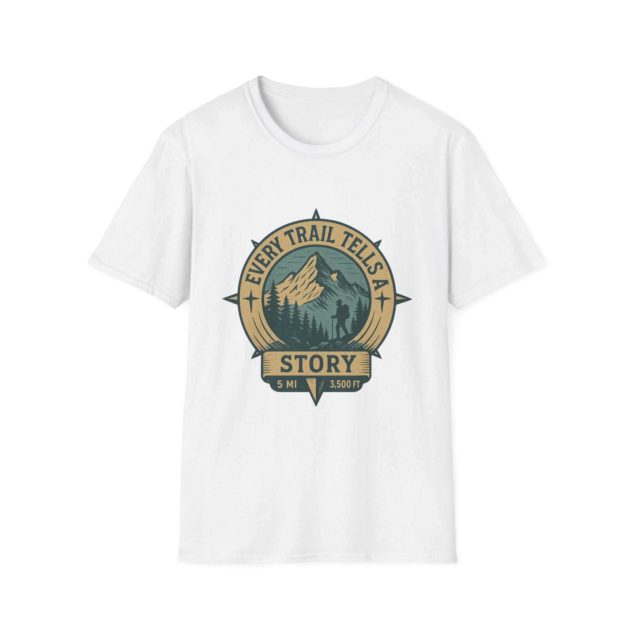 Every Trail Tells a Story T-Shirt | Mountain Hiking Badge Tee
