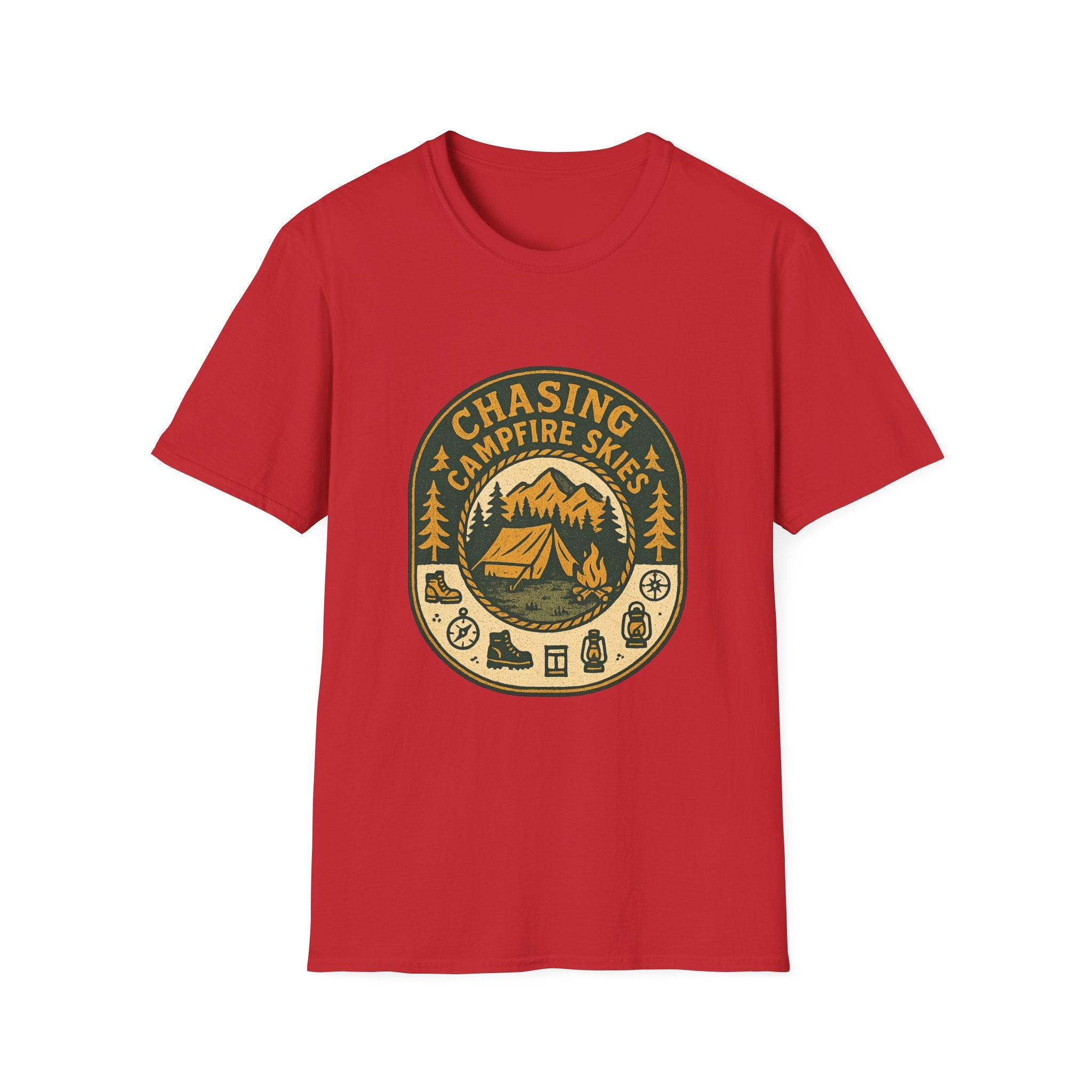 Chasing Campfire Skies T-Shirt | Mountain Camping Badge