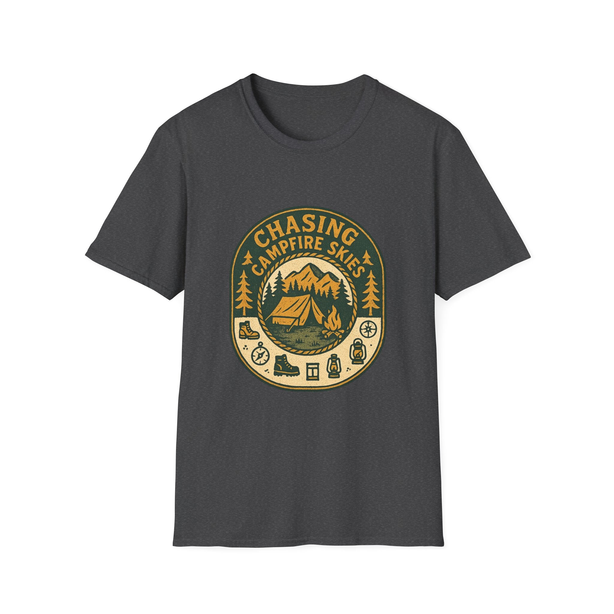 Chasing Campfire Skies T-Shirt | Mountain Camping Badge