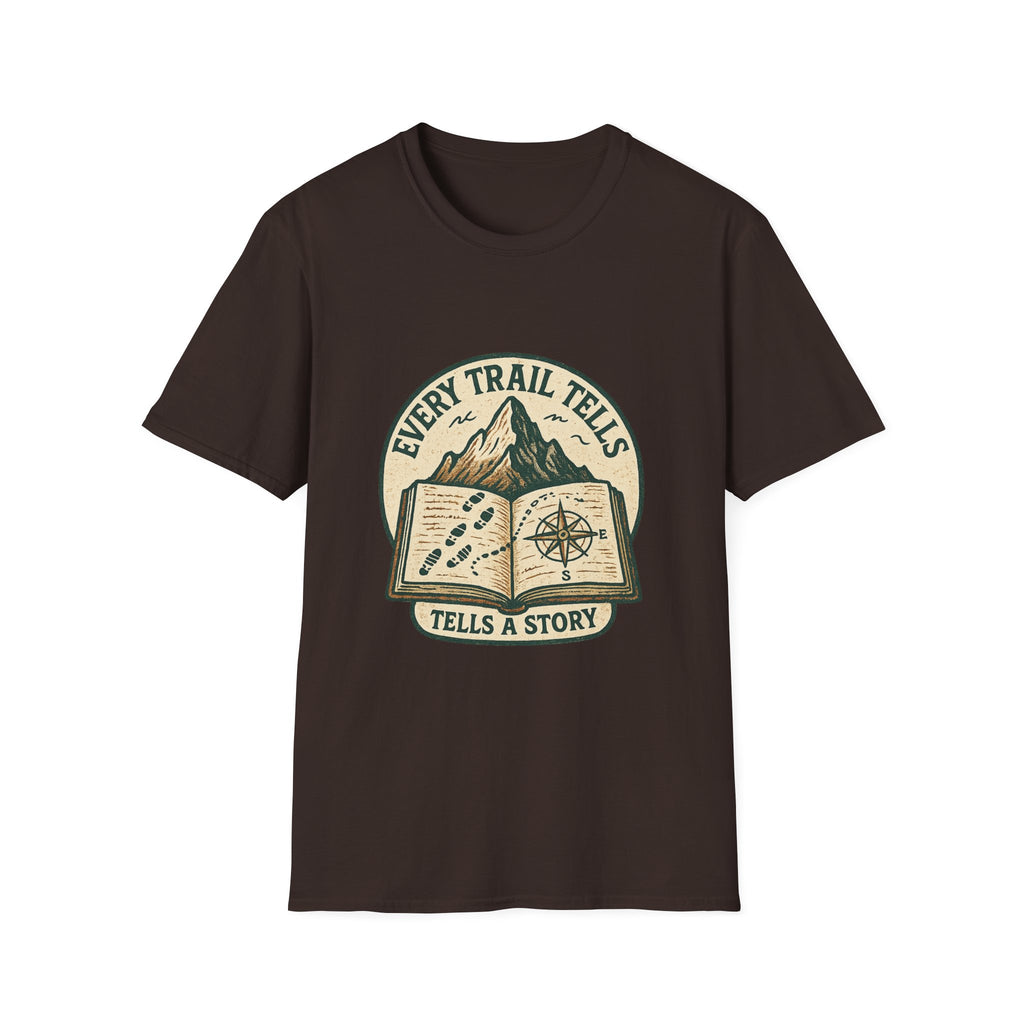 Every Trail Tells Story T-Shirt | Mountain, Open Book, Compass Design