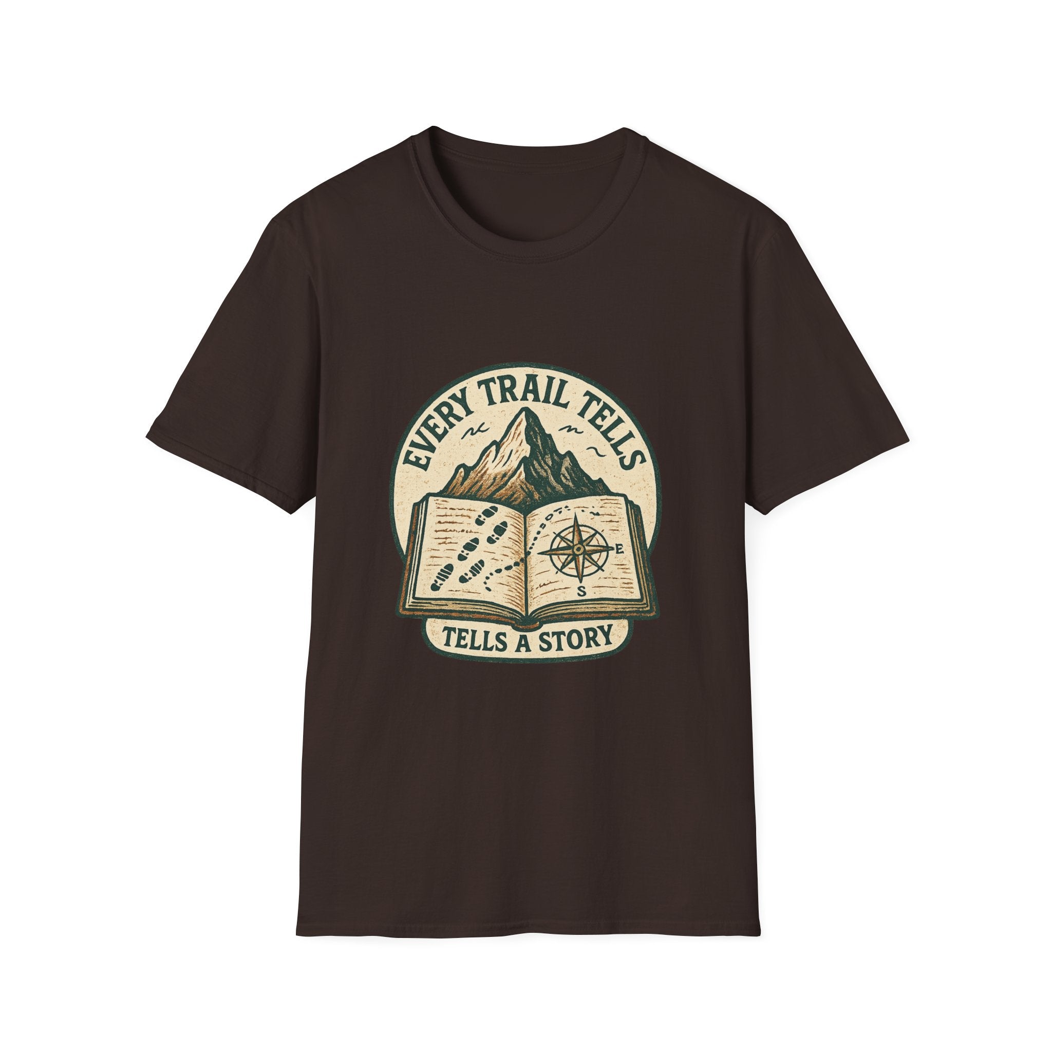 Every Trail Tells Story T-Shirt | Mountain, Open Book, Compass Design