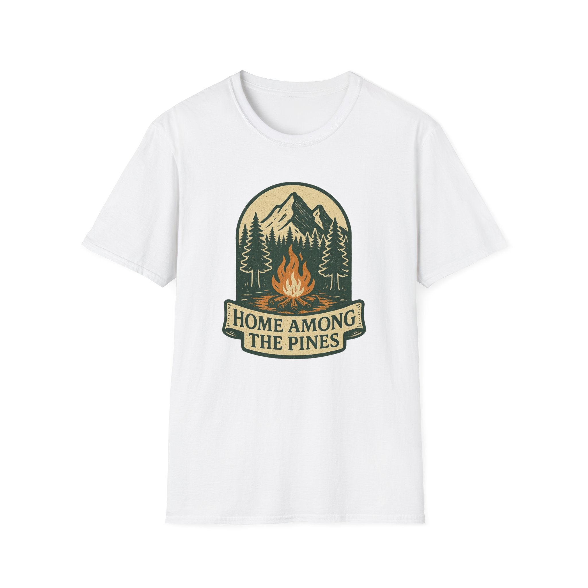 Home Among The Pines campfire graphic T-Shirt | mountain forest design