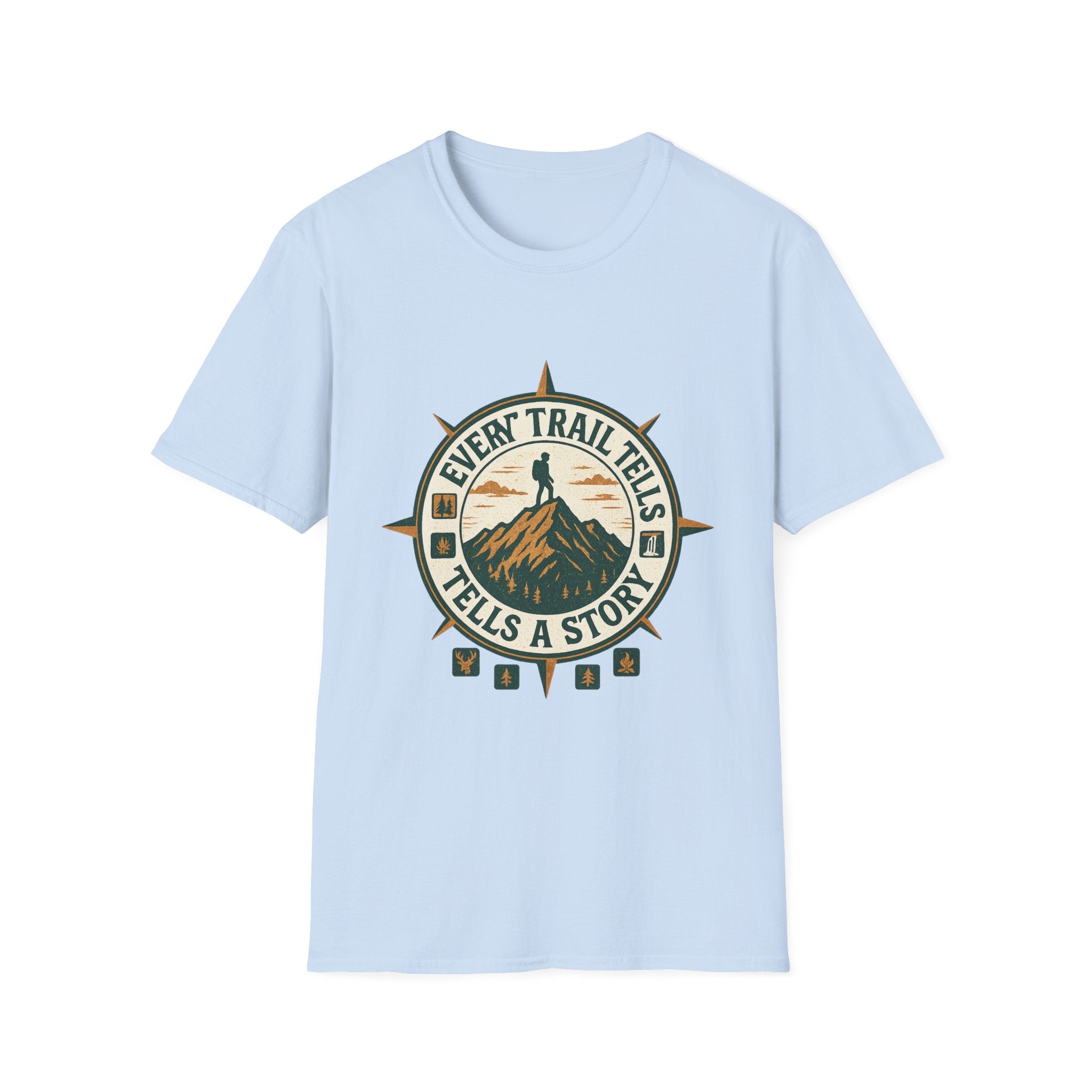 Every Trail Tells a Story T-Shirt | Hiking Compass Mountain Design