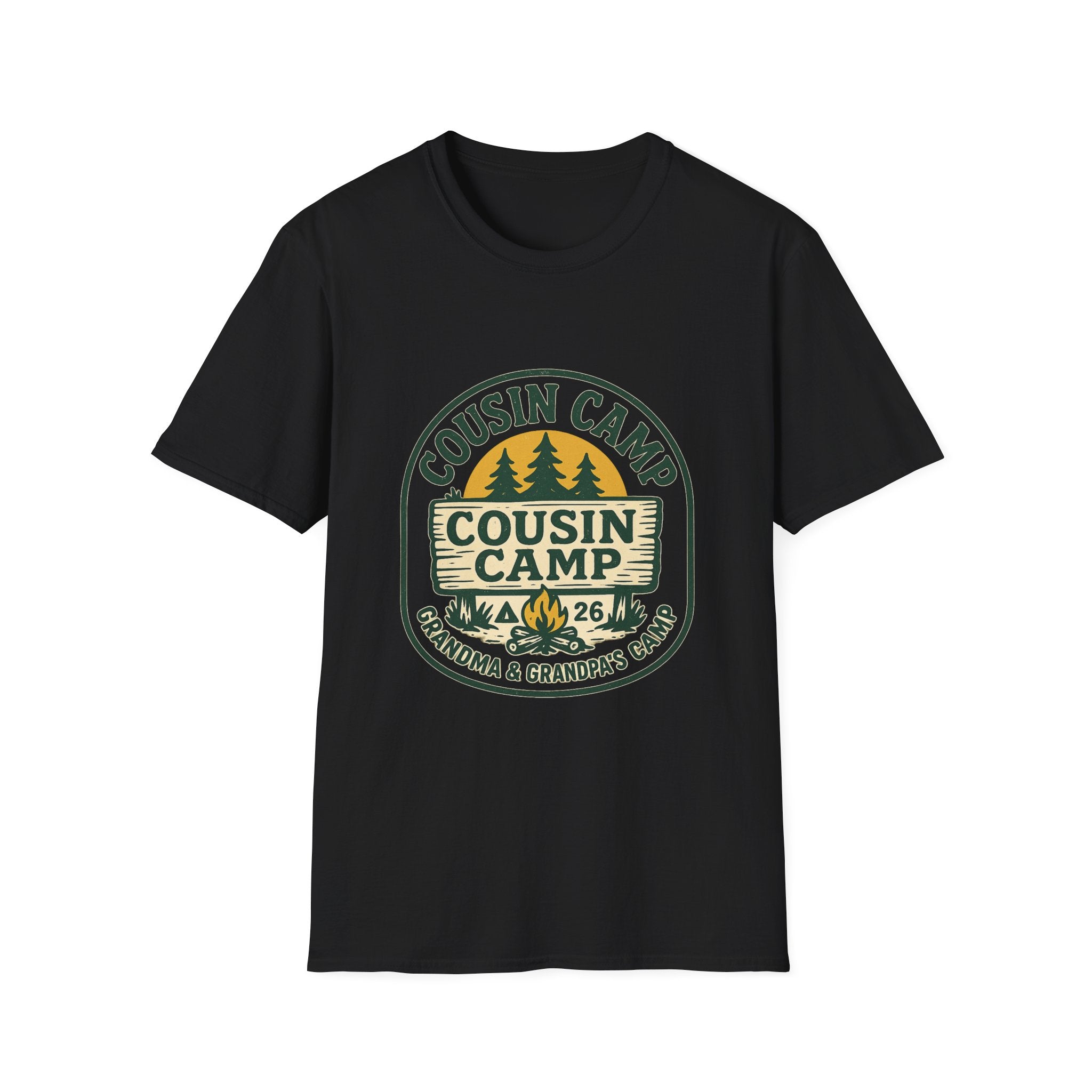 Cousin Camp Graphic T-Shirt | Family Camping Badge, Pine Tree Design