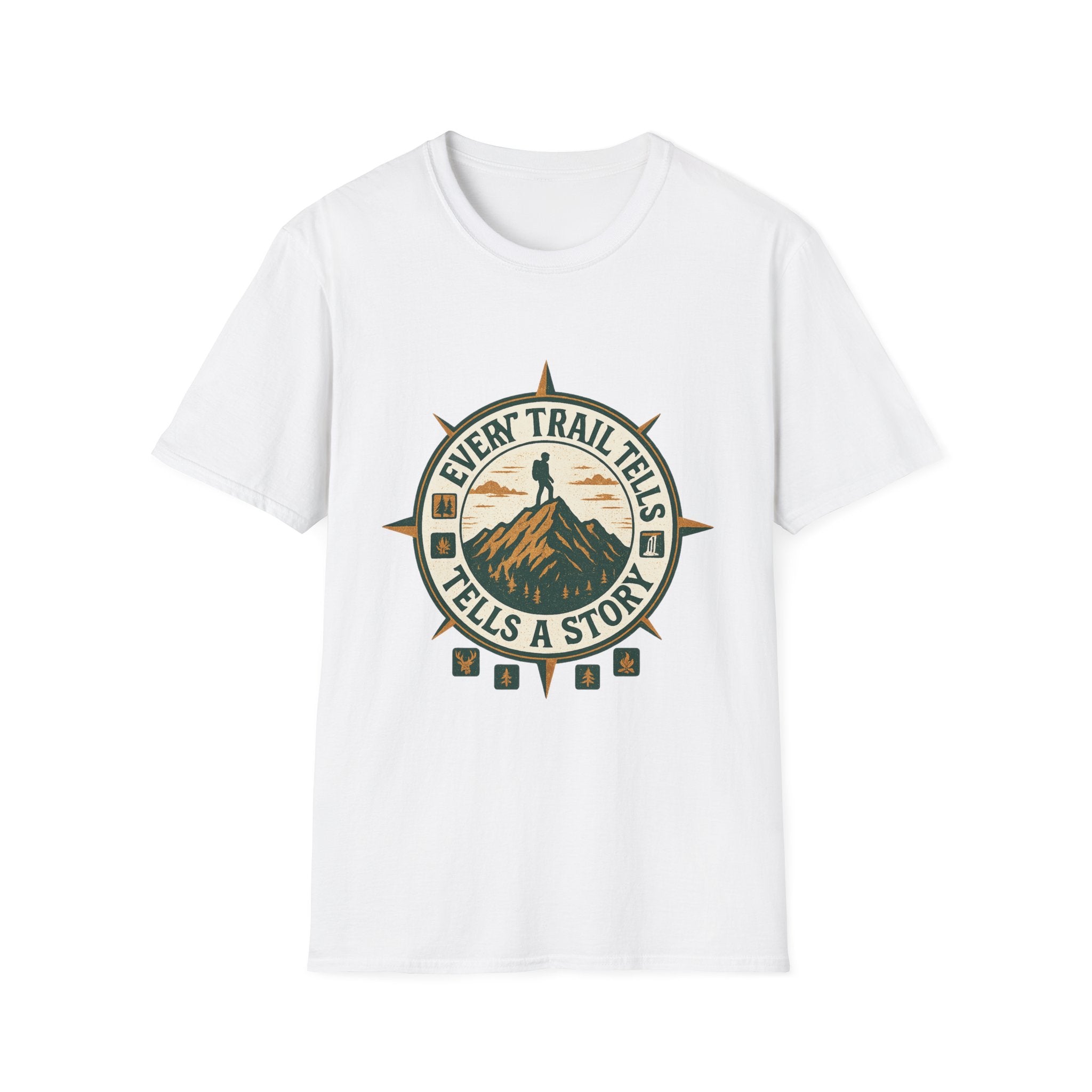 Every Trail Tells a Story T-Shirt | Hiking Compass Mountain Design