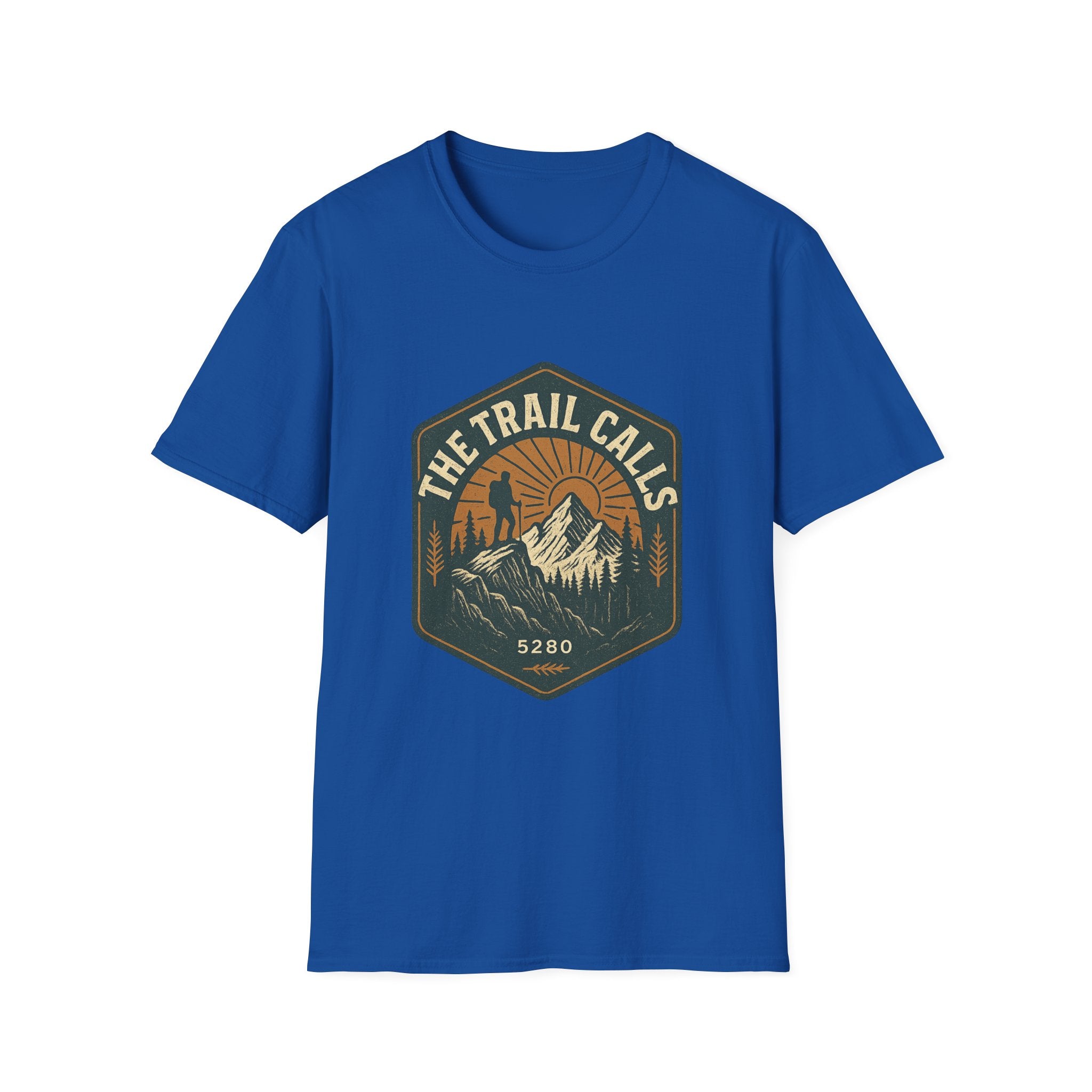 The Trail Calls hiking emblem T-Shirt | mountain, sunset, outdoors