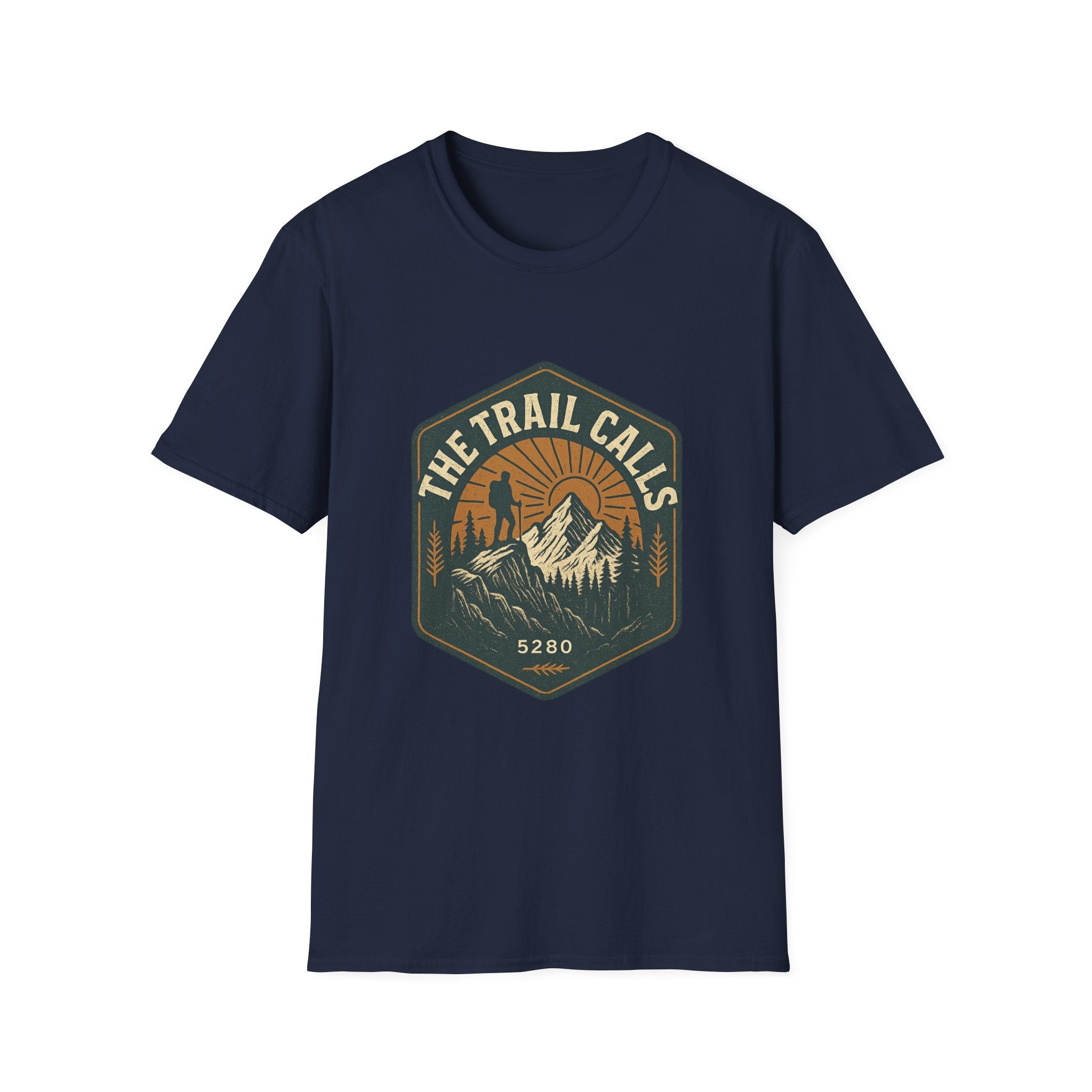 The Trail Calls hiking emblem T-Shirt | mountain, sunset, outdoors