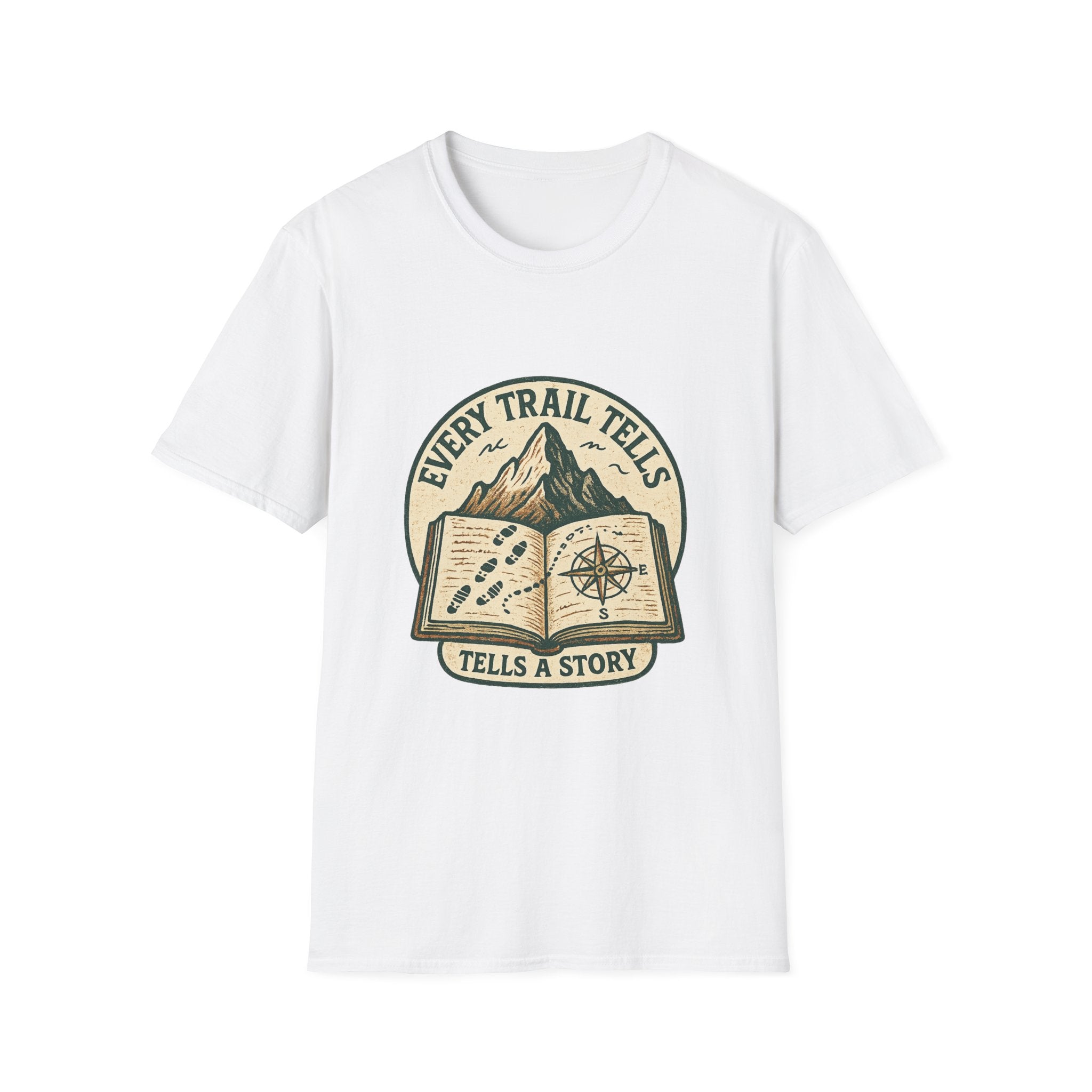 Every Trail Tells Story T-Shirt | Mountain, Open Book, Compass Design