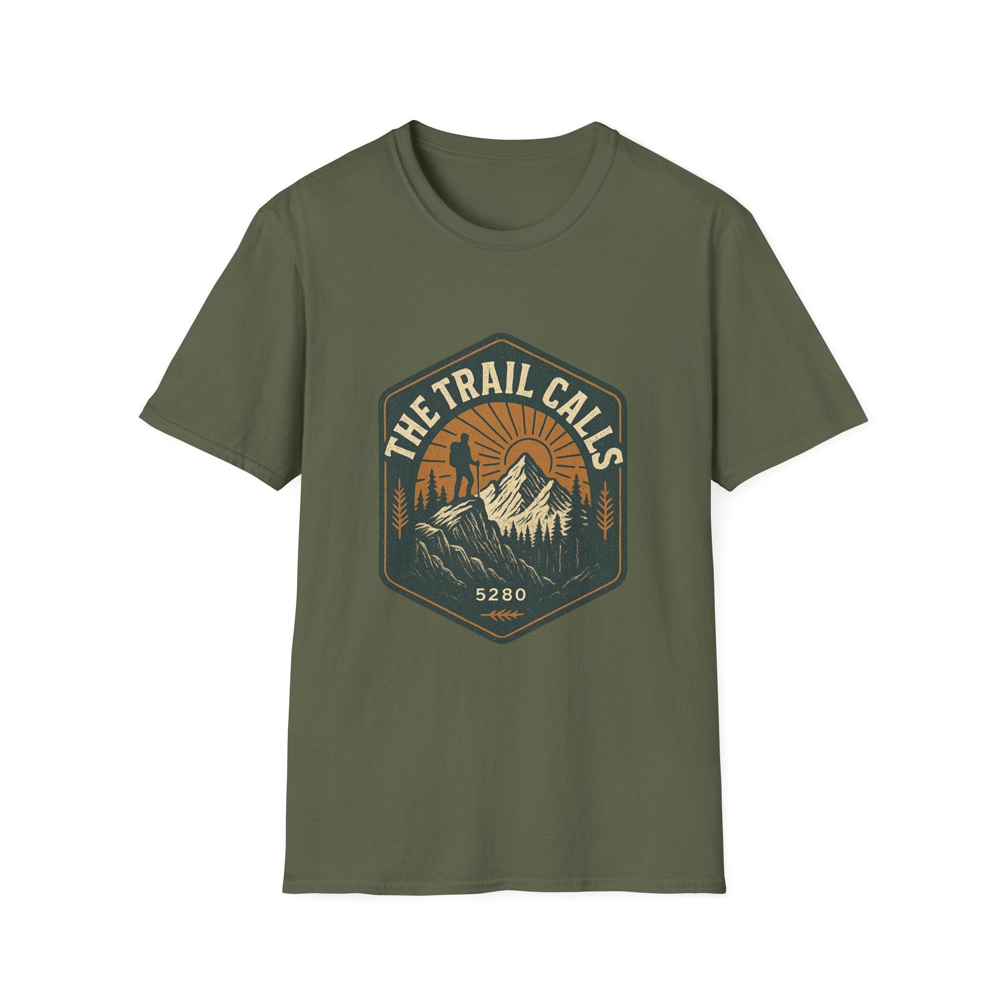 The Trail Calls hiking emblem T-Shirt | mountain, sunset, outdoors